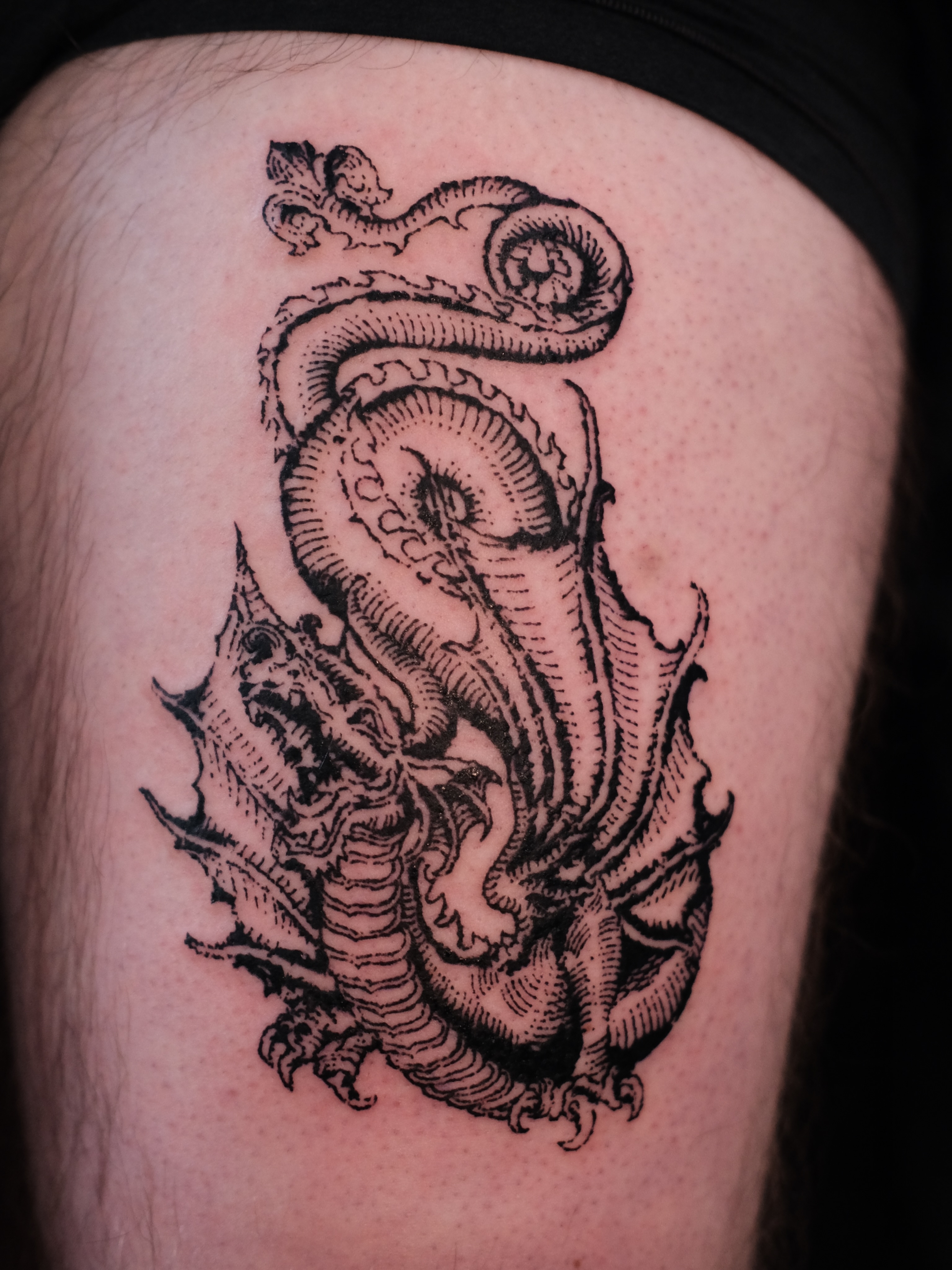 Dragon black and grey tattoo on the thigh by ꜰʟᴏʀᴀ ᴡᴏᴏᴅᴄᴜᴛ ᴛᴀᴛᴛᴏᴏ