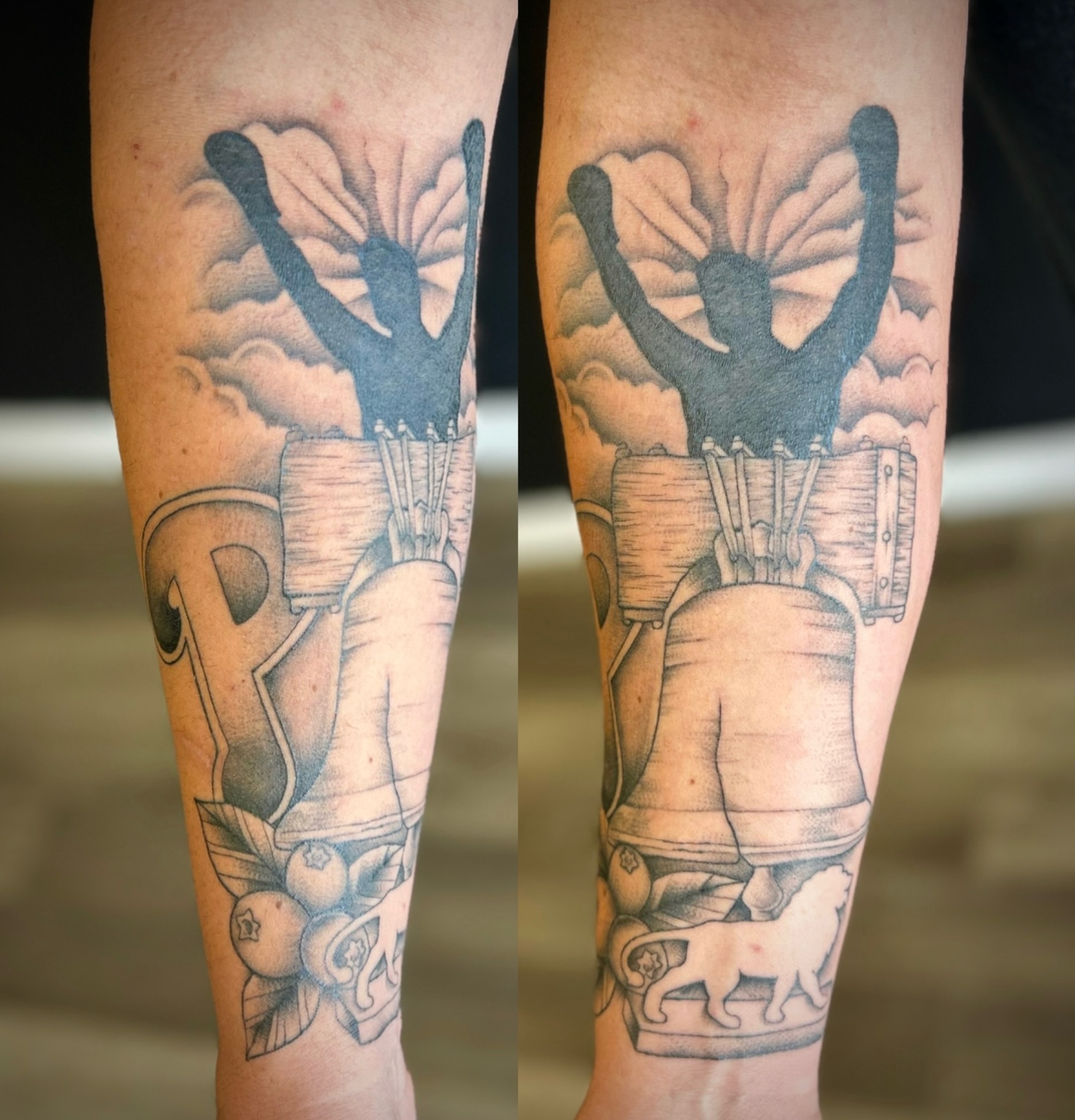 Bell ringer black and grey tattoo on the forearm by Browtique & Ink, Clearwater, Florida