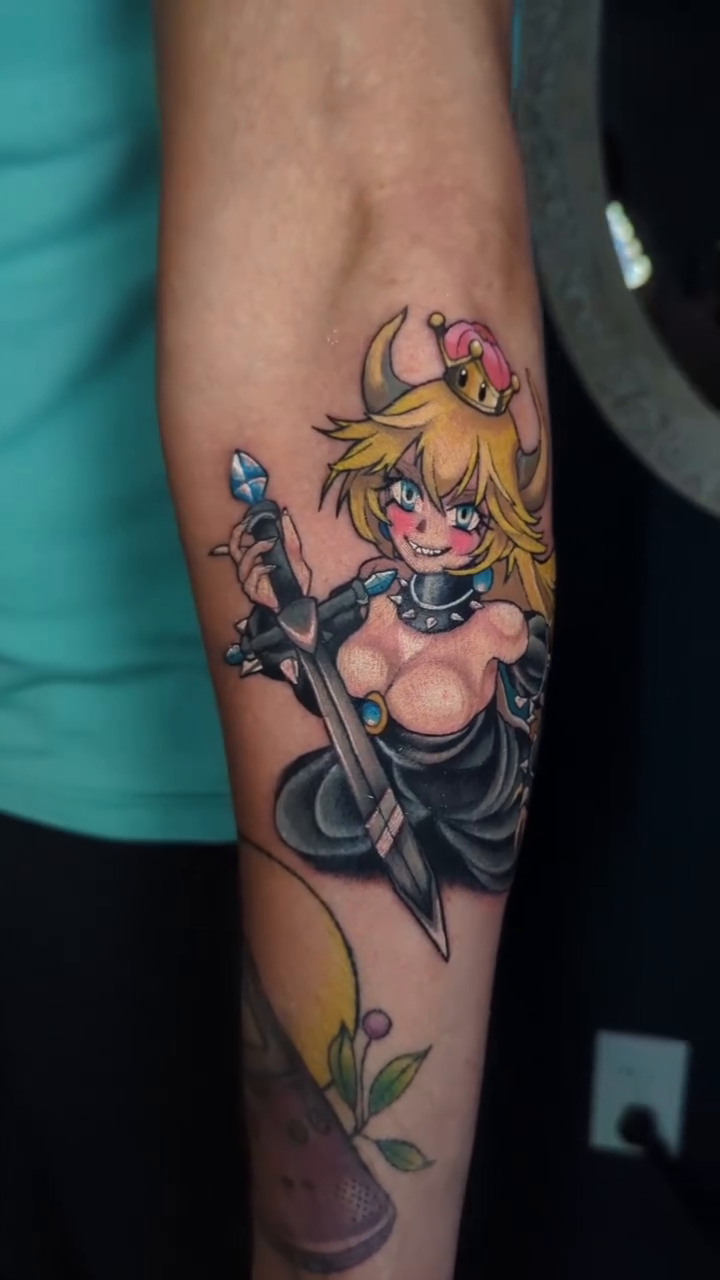 Bowsette character new school tattoo on the forearm by Narnia Gallagher