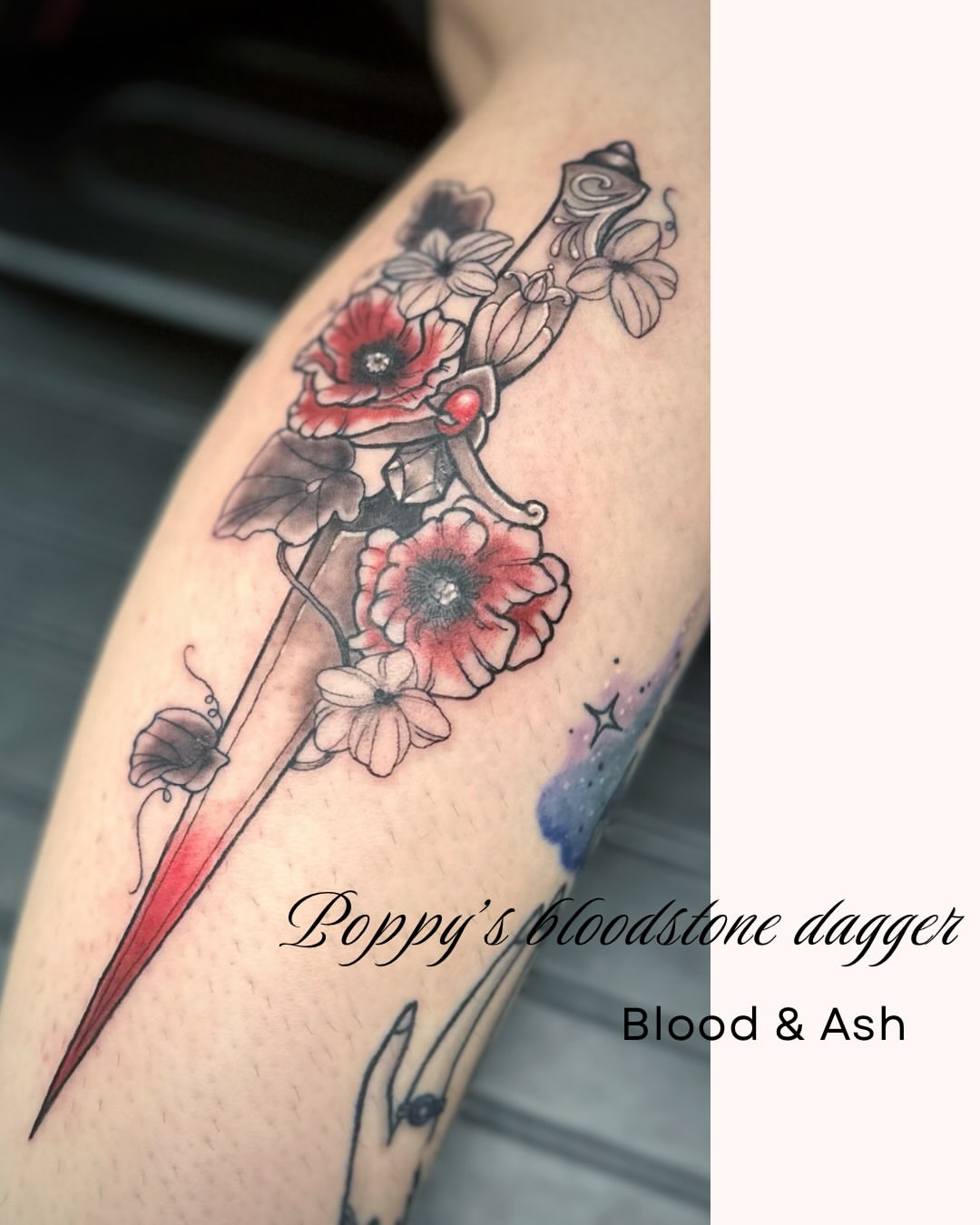 Poppy's bloodstone dagger neo-traditional tattoo on the forearm by Kori Millhimes