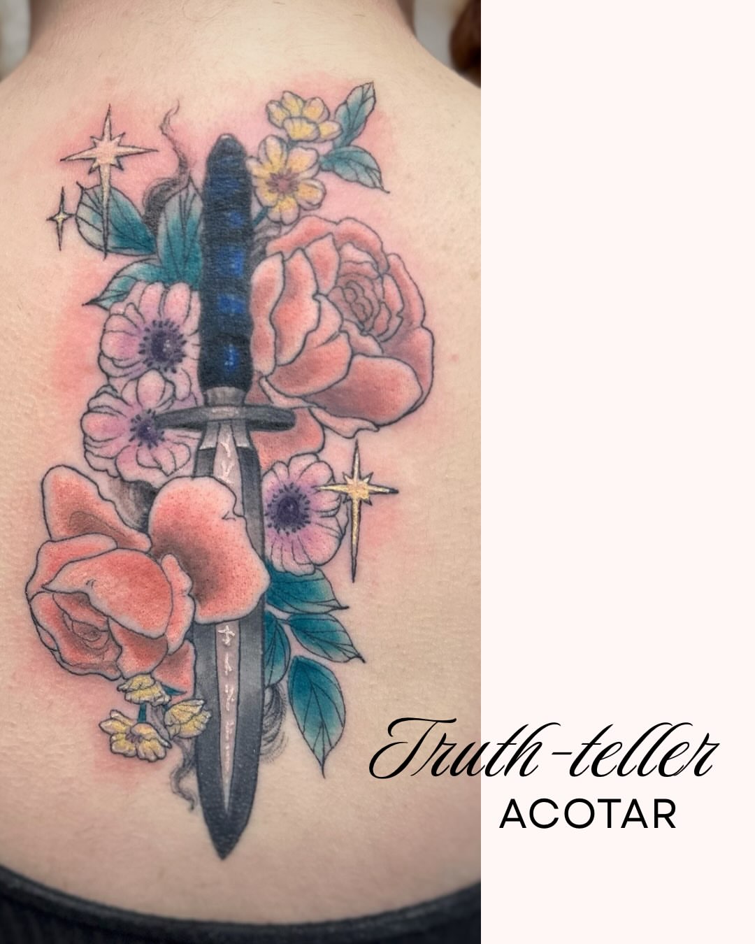 Sword and flowers realism tattoo on the back by Kori Millhimes