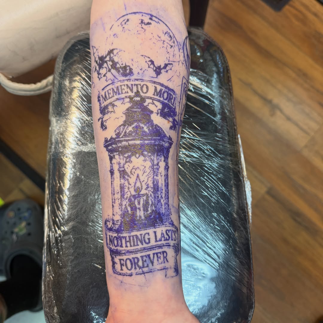 Memento mori black and grey tattoo on the forearm by Angus Perfect, Philadelphia, Pennsylvania
