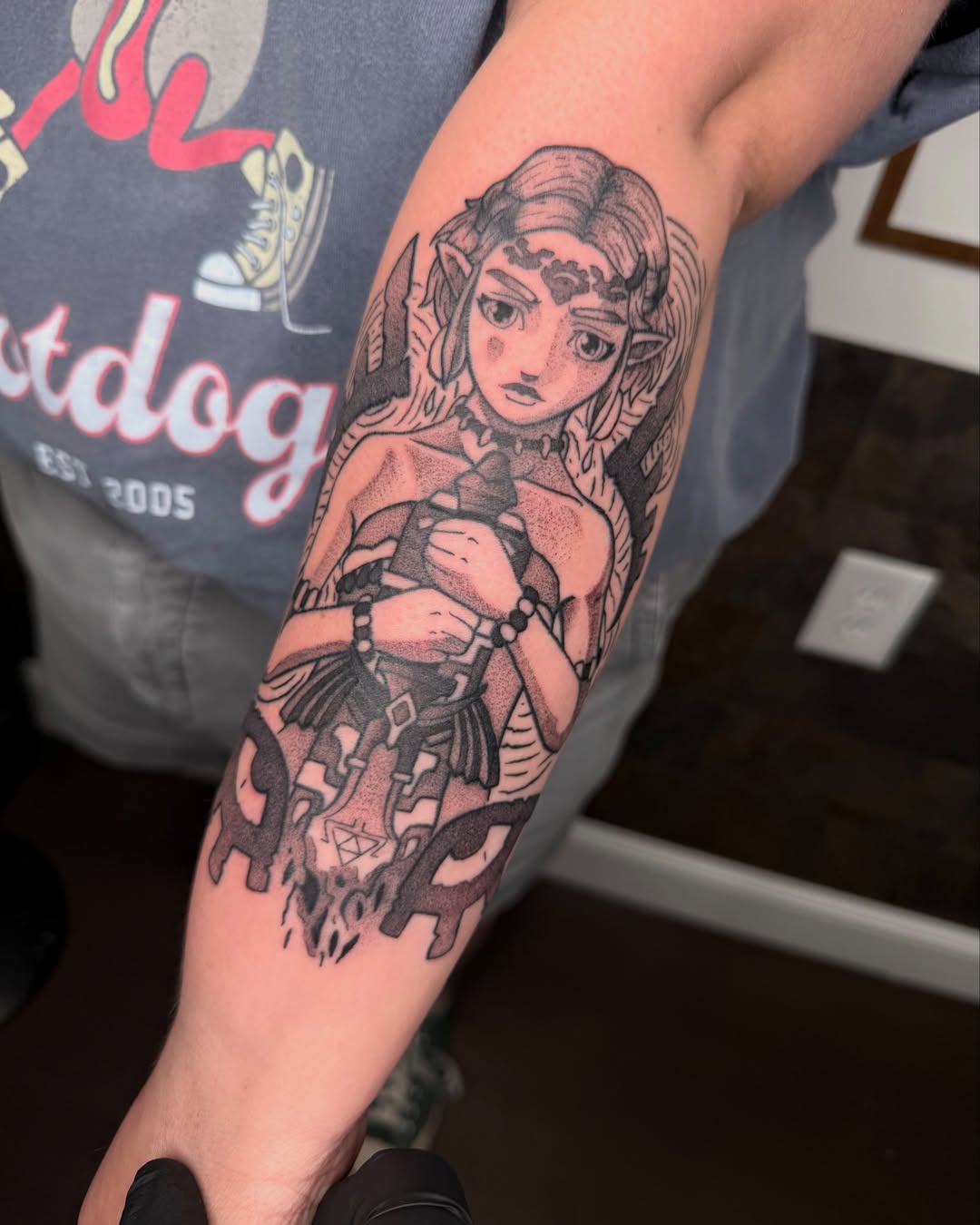 Link from legend of zelda dotwork tattoo on the forearm by Jezza Munson