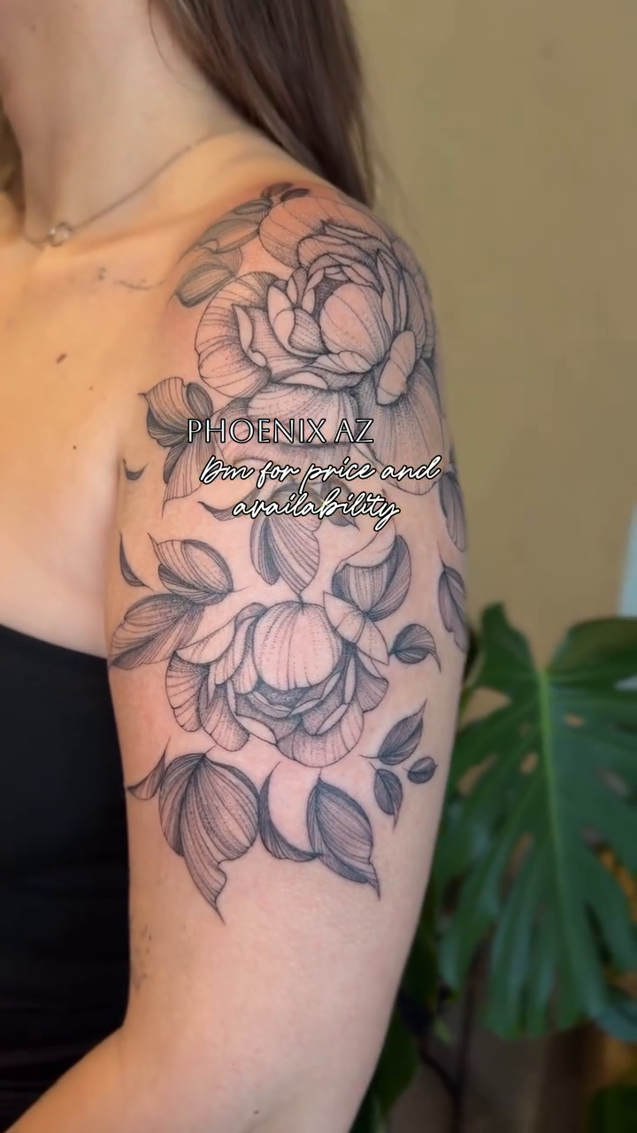 Floral arrangement on arm sketch tattoo on the shoulder by Irina Bykova