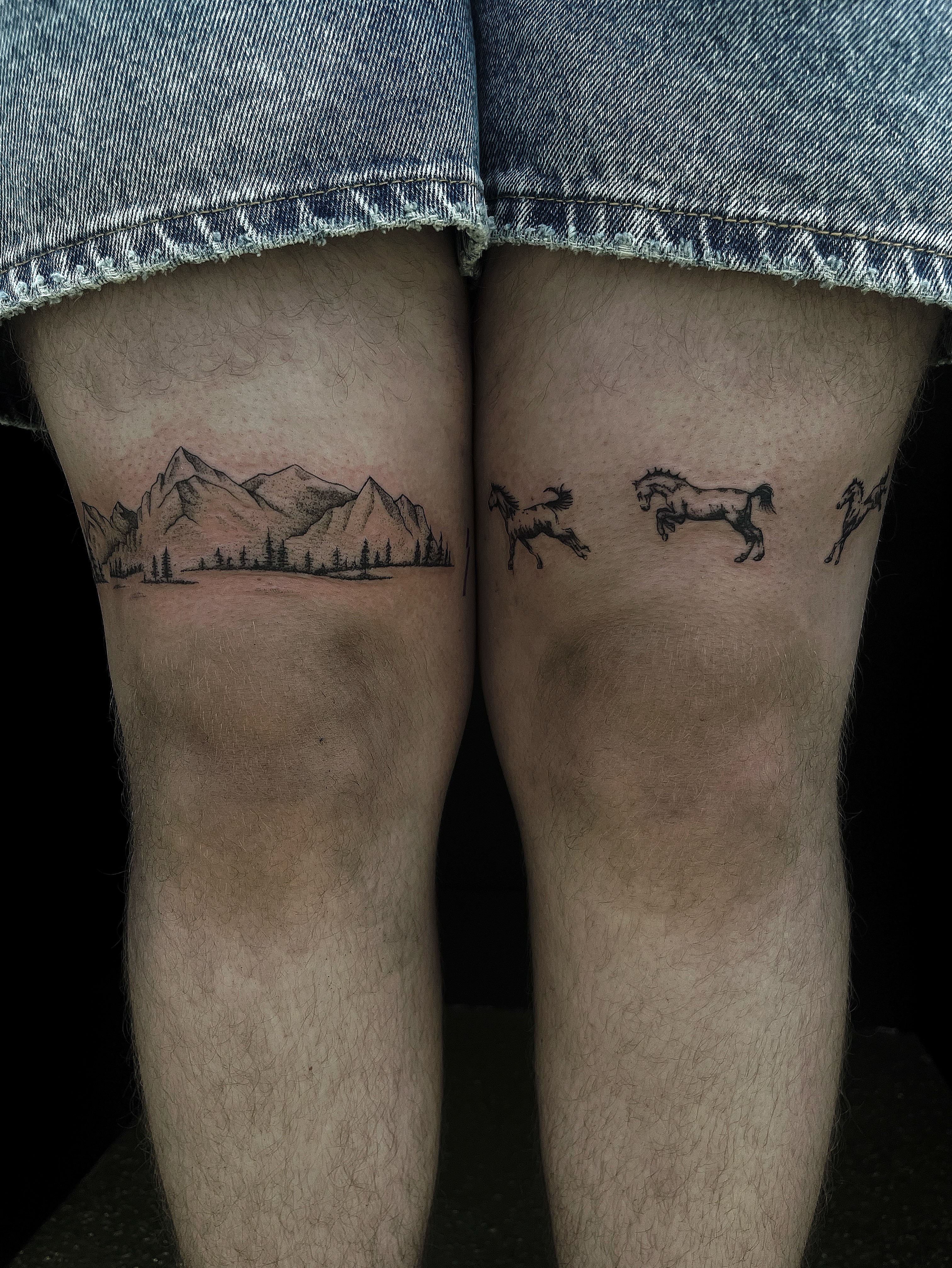 Mountains and horses black and grey tattoo on the thigh by β
πΈππππ β