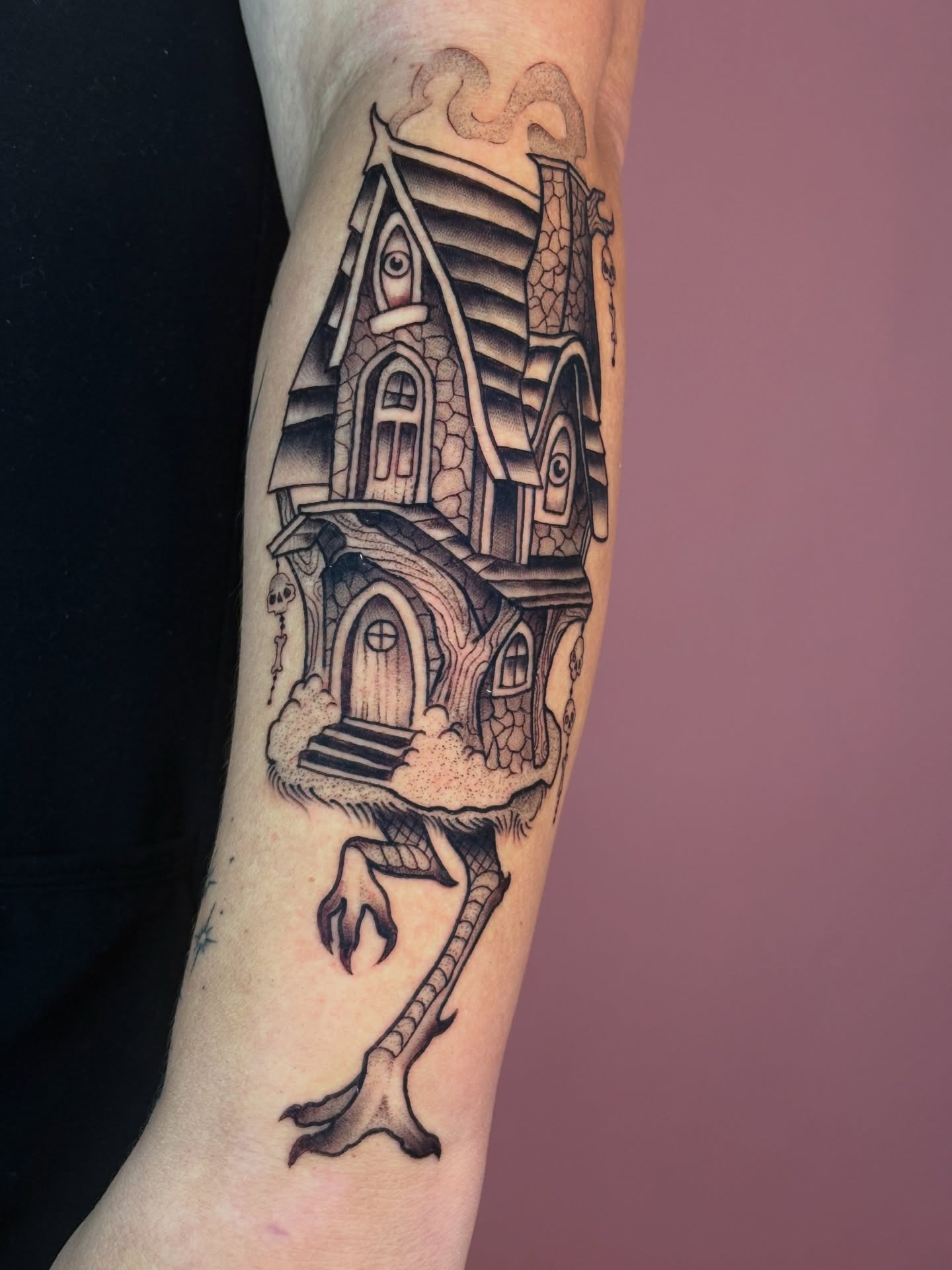 Haunted house black and grey tattoo on the forearm by Car🦋🌈 Dallas Tattoo Artist💖