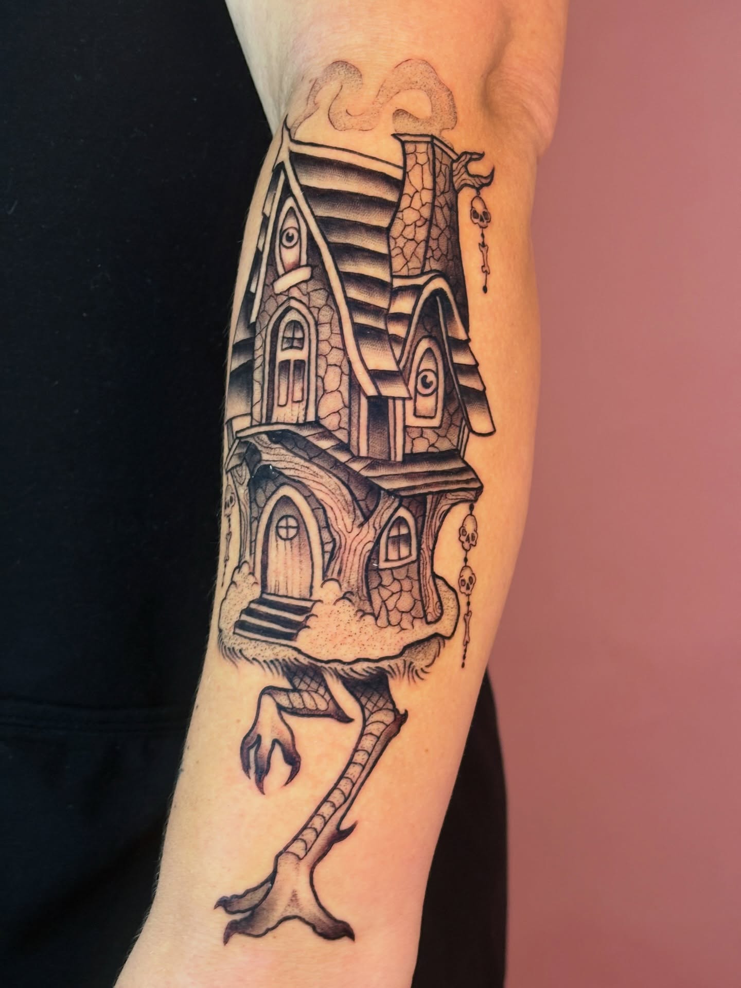 Haunted house realism tattoo on the forearm by Car🦋🌈 Dallas Tattoo Artist💖