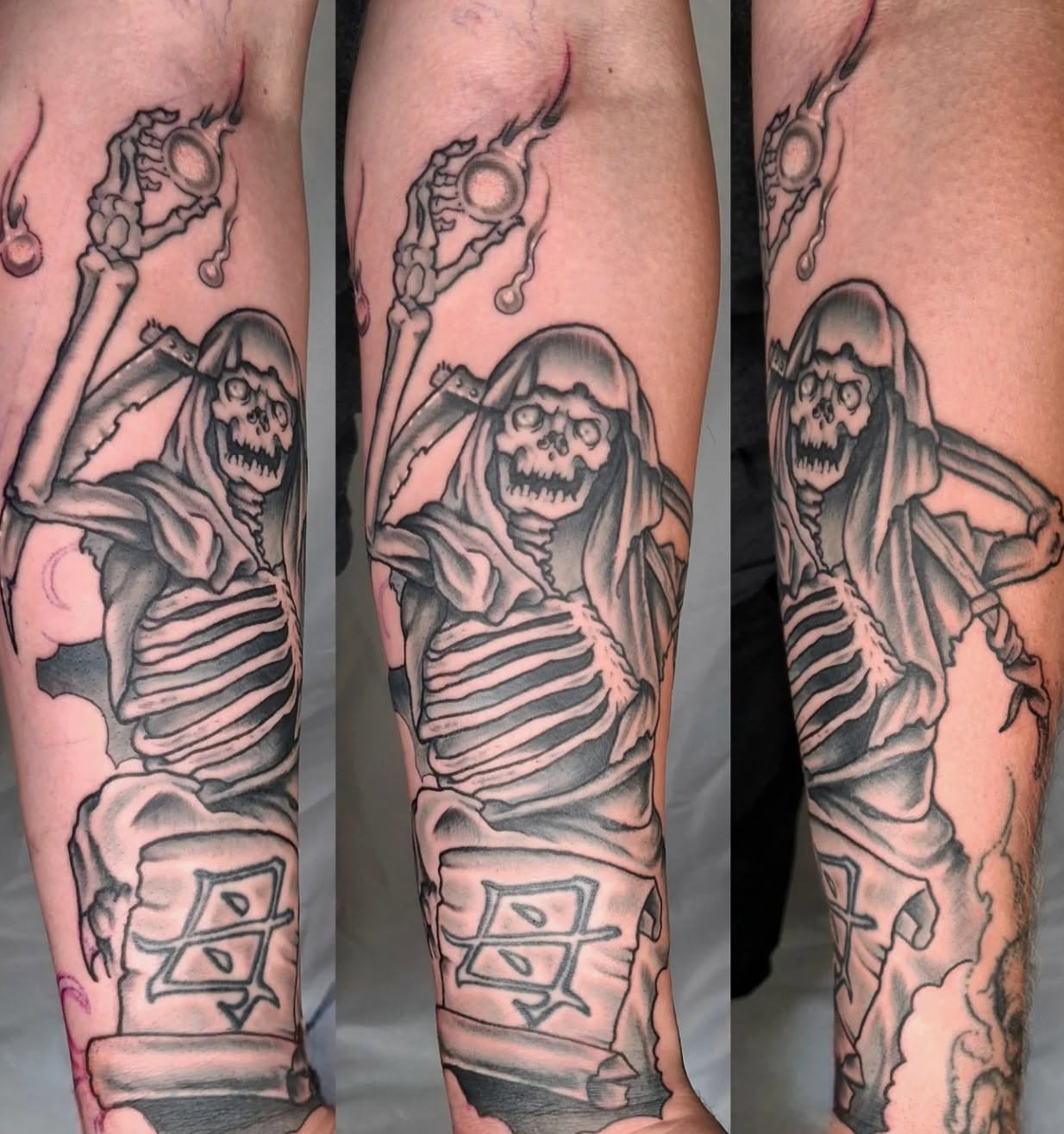 Skeleton with hood realism tattoo on the forearm by Jake Mincey