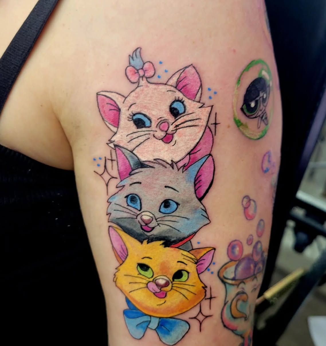 Three cats American traditional tattoo on the forearm by Naez Ink AKA Renae Madison, Macomb, Illinois