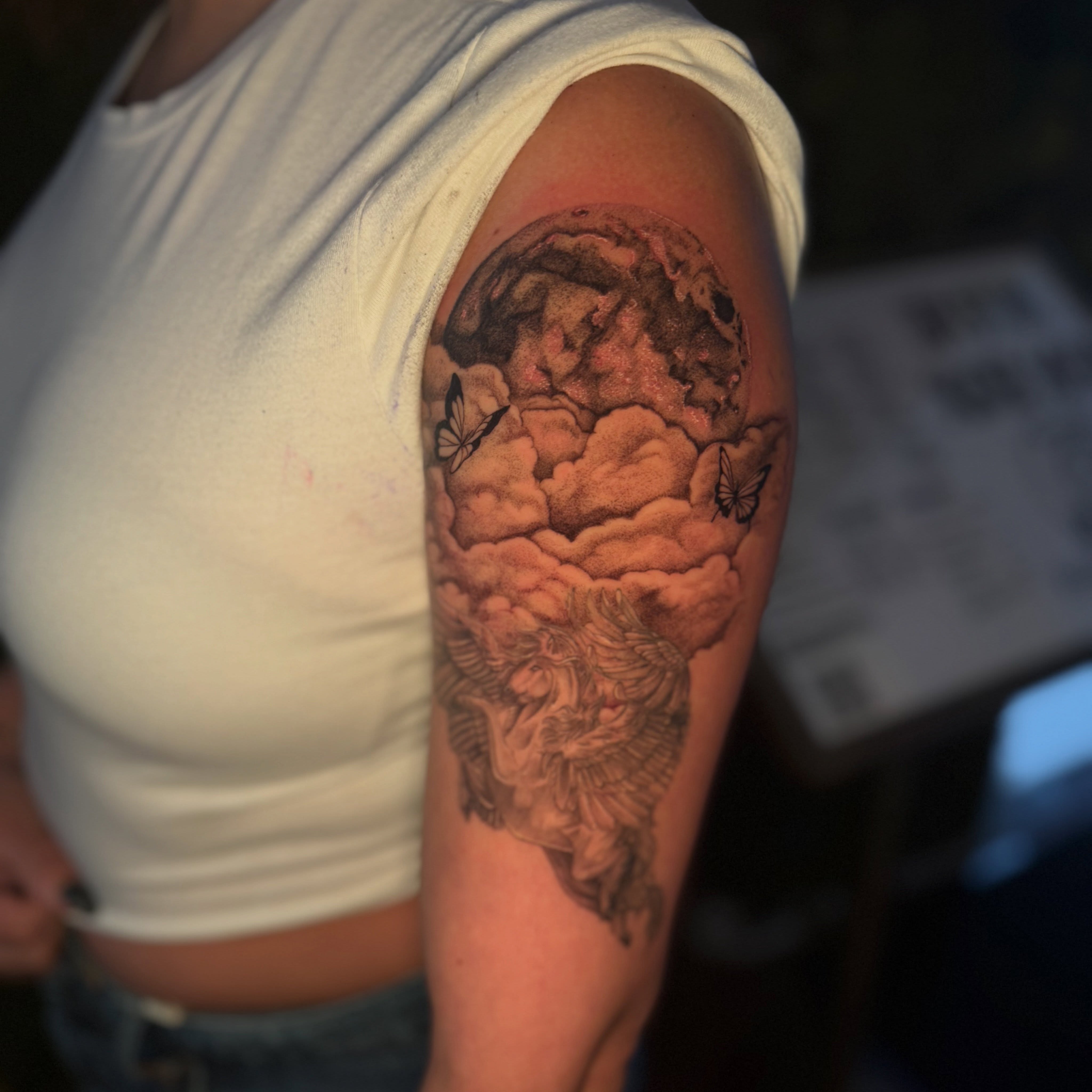 Winged horse in clouds with moon tattoo on the upper arm by 🌸Cinthia ちゃん🌹, New York, New York