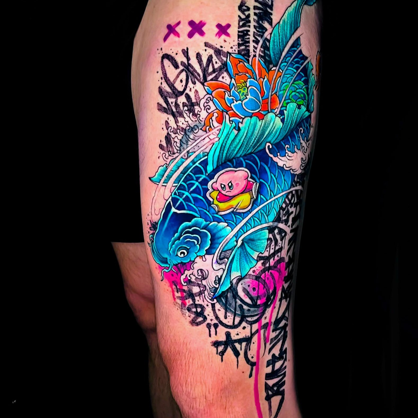 Kirby and koi fish new school tattoo on the forearm by Tattoo artist in Seattle, WA