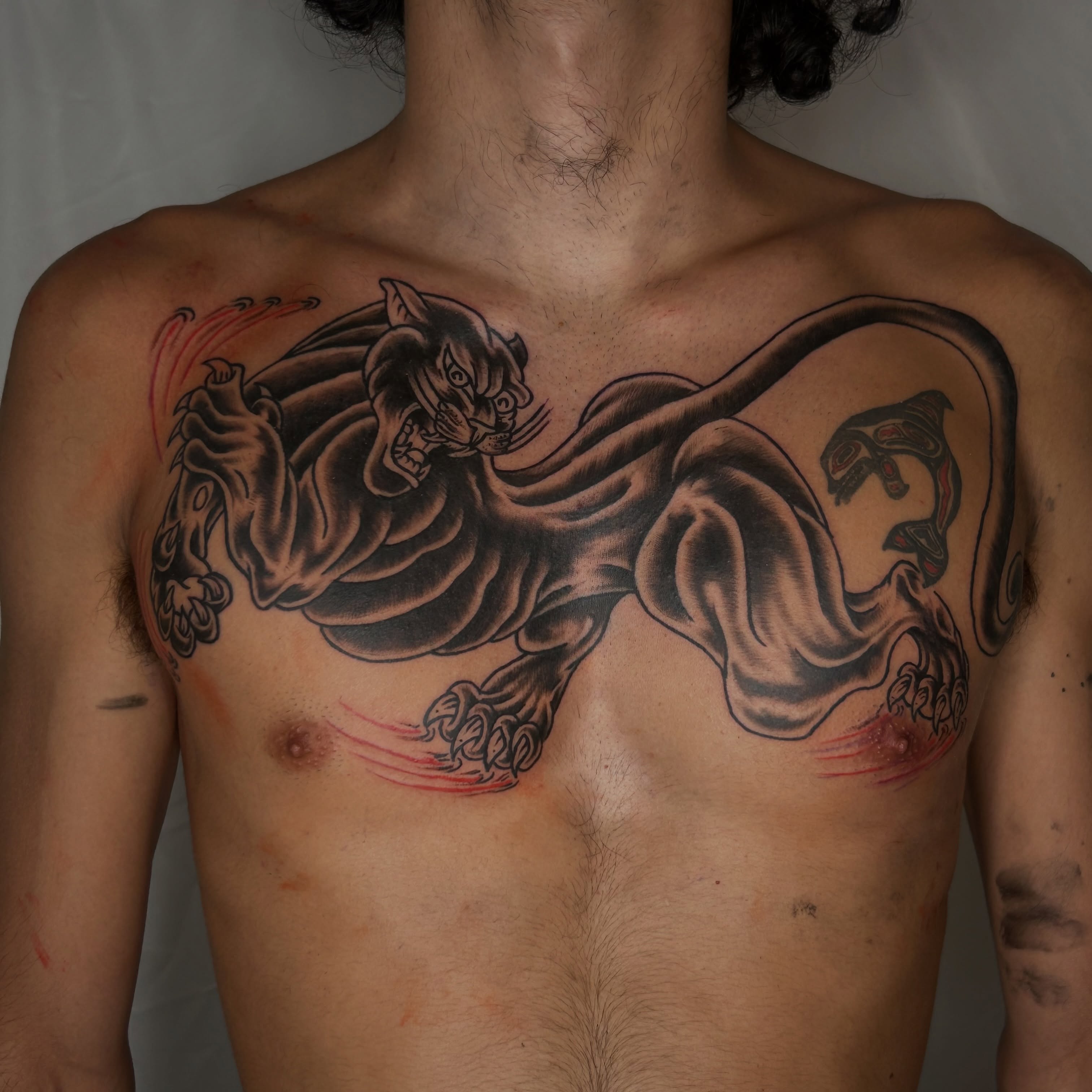 Panther black and grey tattoo on the chest by キノ 🦊