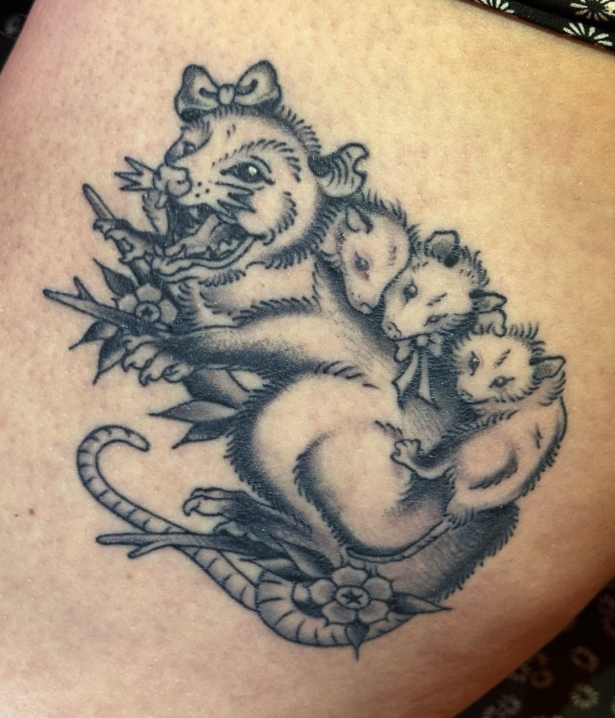 Rat family black and grey tattoo on the thigh by kira