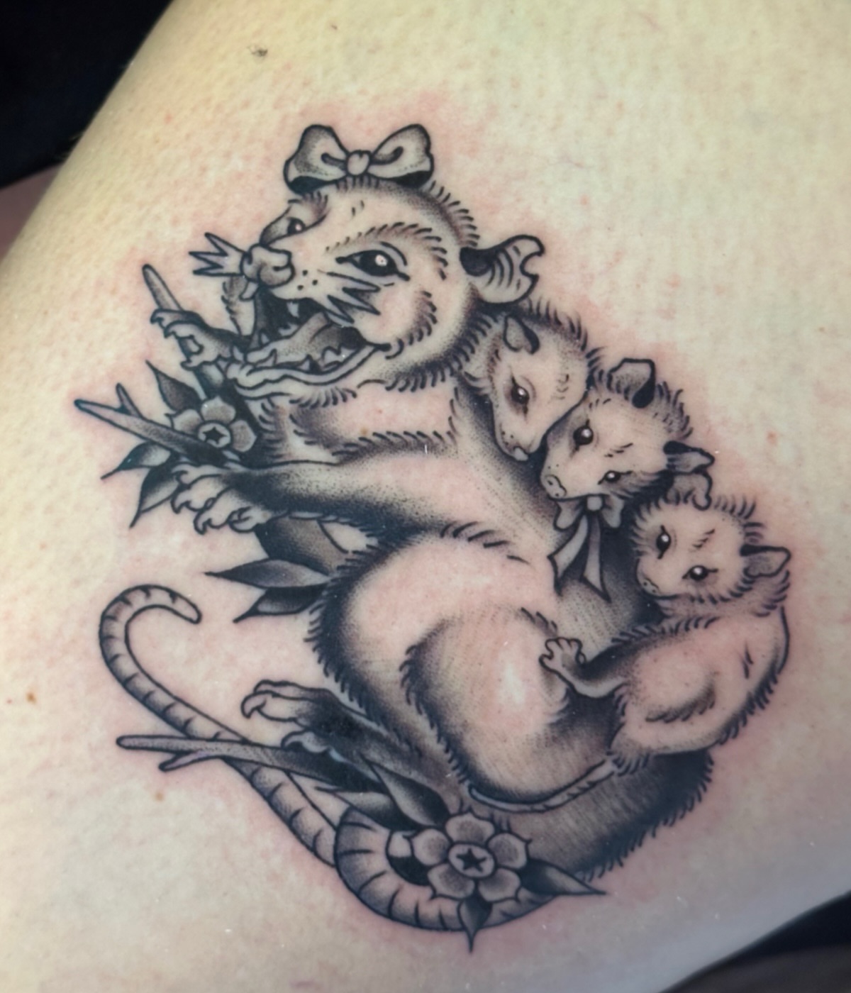 Mother rat with babies American traditional tattoo on the thigh by kira