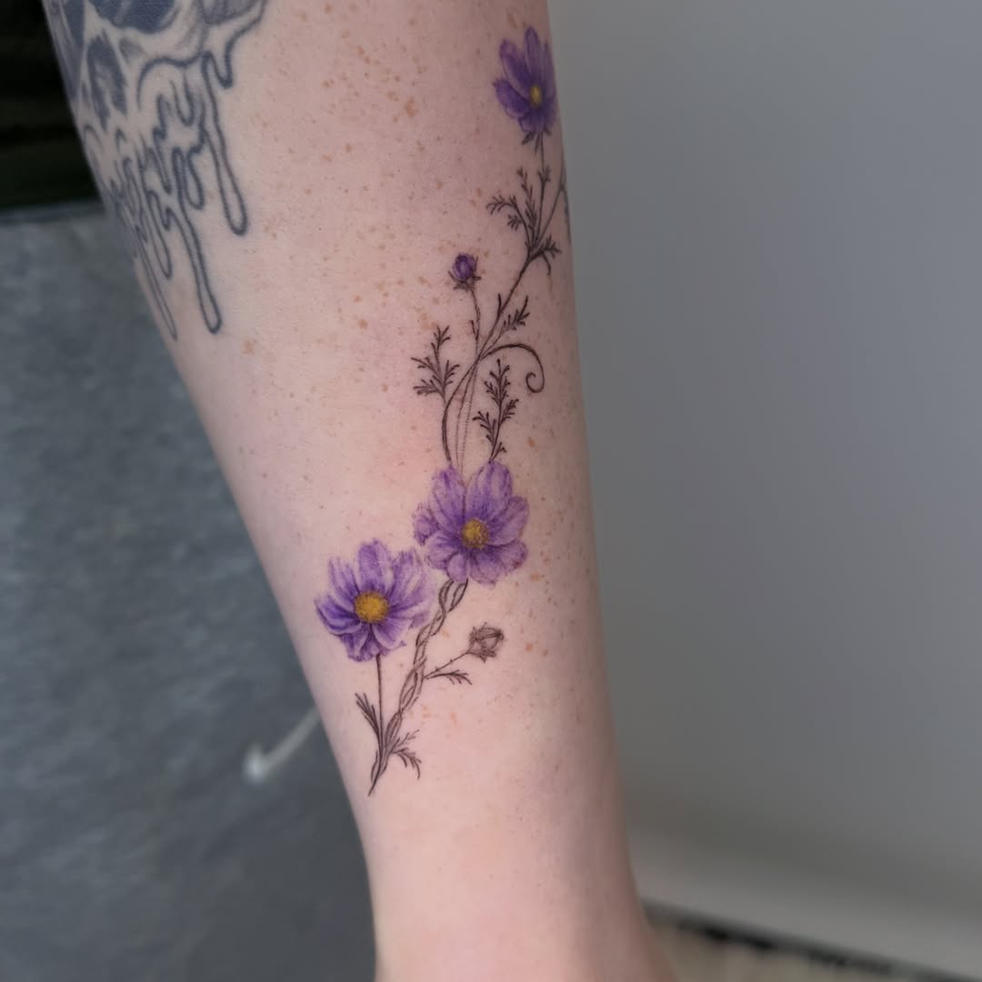 Purple flowers dotwork tattoo on the forearm by Yuri Chloe Ngo Tattoo Artist