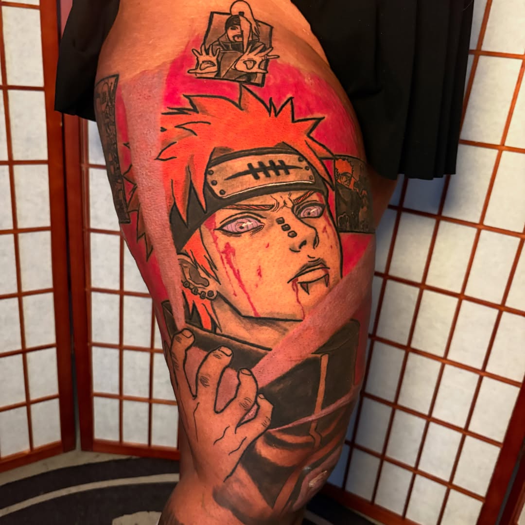 Anime character anime tattoo on the thigh by D. Davis