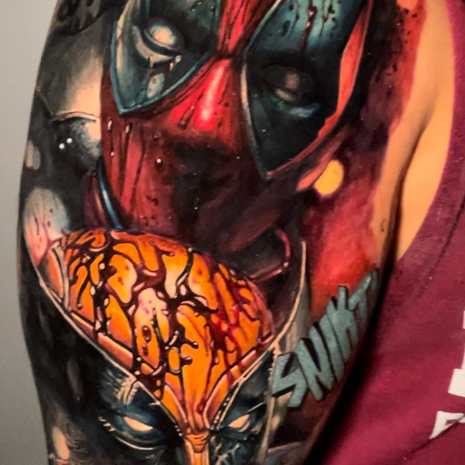 Deadpool dark realism tattoo on the forearm by Sirvonesmithtattoos@gmail.com