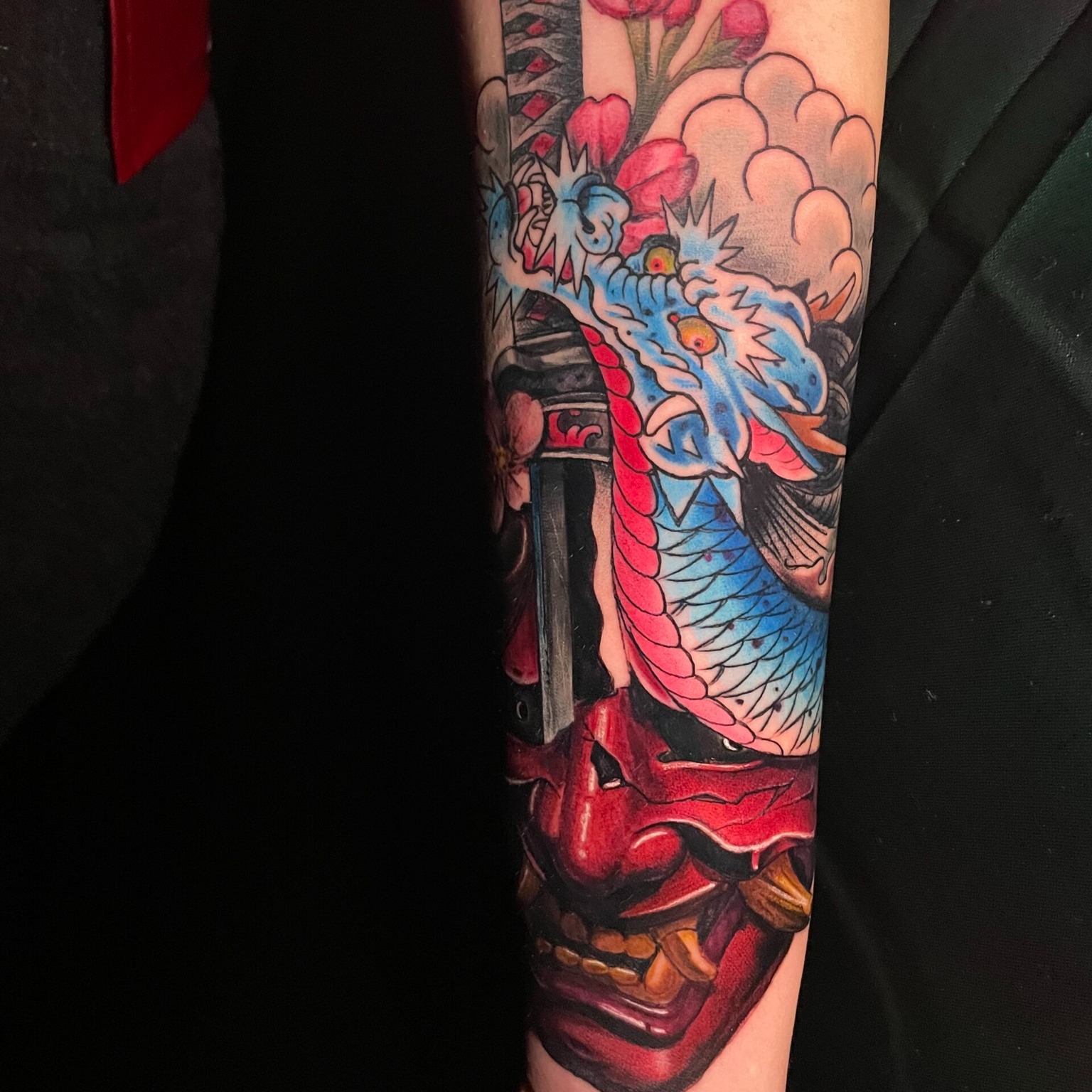 Dragon and mask japanese irezumi tattoo on the forearm by Sirvonesmithtattoos@gmail.com
