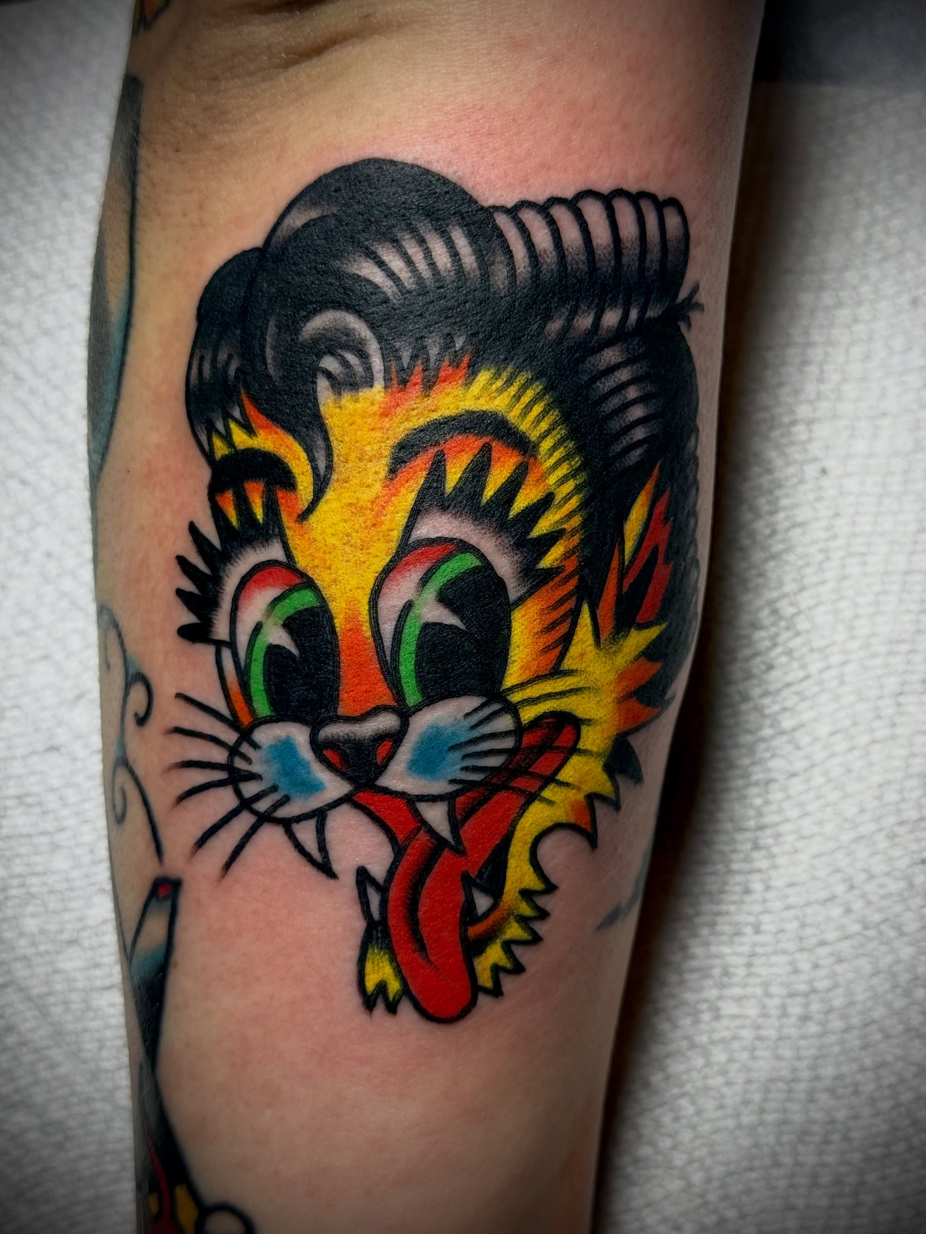 Cat American traditional tattoo on the forearm by Chuck Derek Whitaker