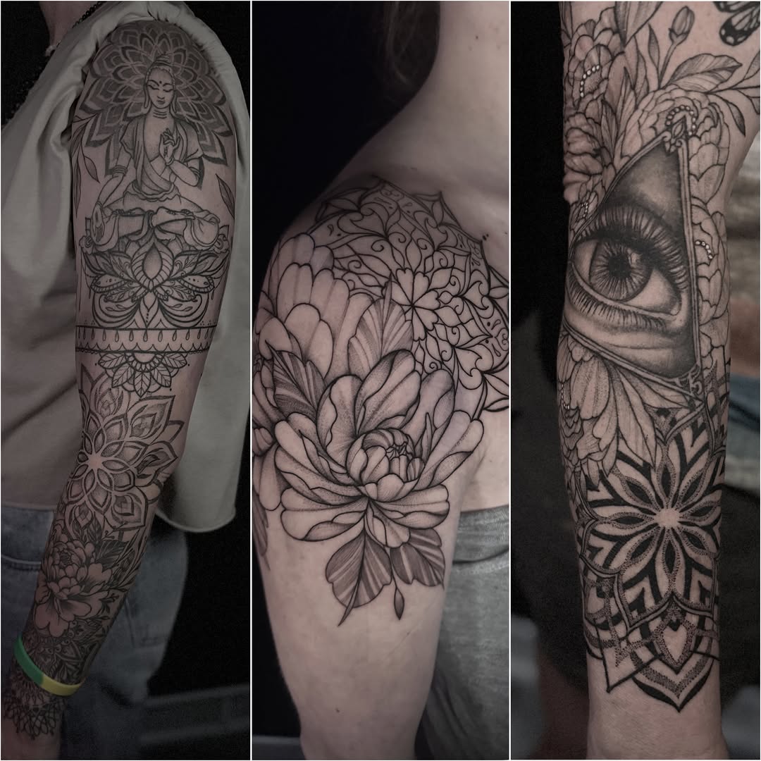Floral mandala geometric tattoo on the upper arm by 𝕭𝖆𝖇𝖊𝖔𝖓𝖙𝖍𝖊𝖒00𝖓🌙🪬, Colorado Springs, Colorado