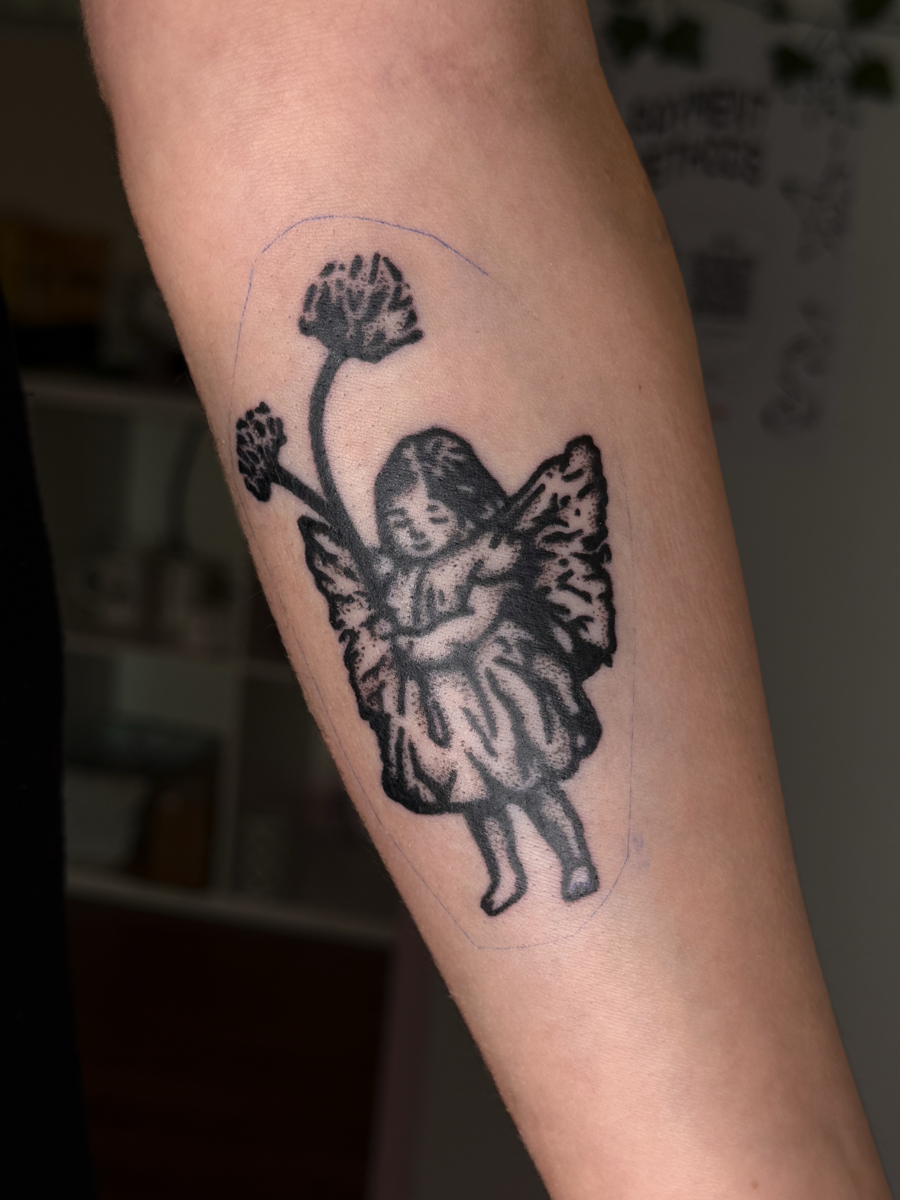 Angel with flowers dotwork tattoo on the forearm by Bella - Austin Tattoo Artist ₓ˚. ୭