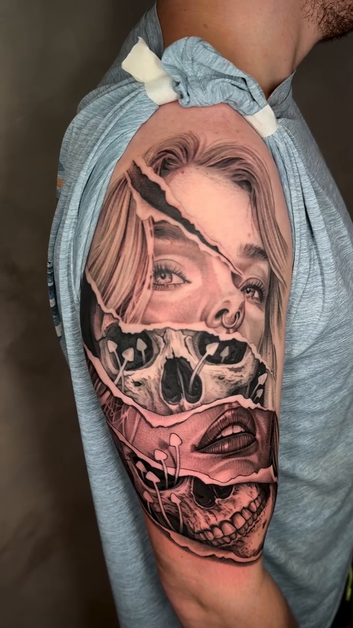 Woman and skull realism tattoo by Elijah Forster - Nashville Tattoo Artist