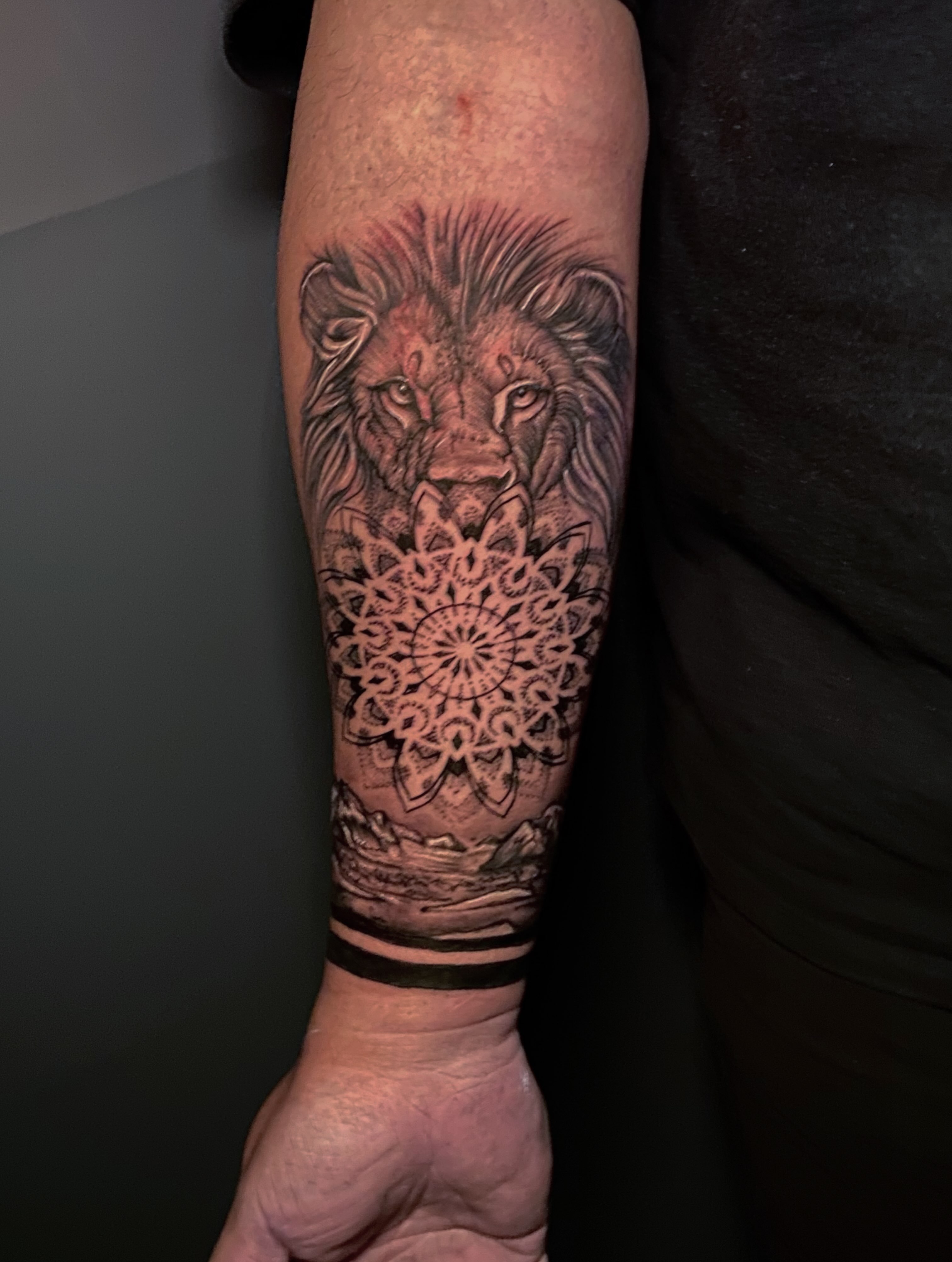 Lion and mandala realism tattoo on the forearm by @dom_macio_tattoo