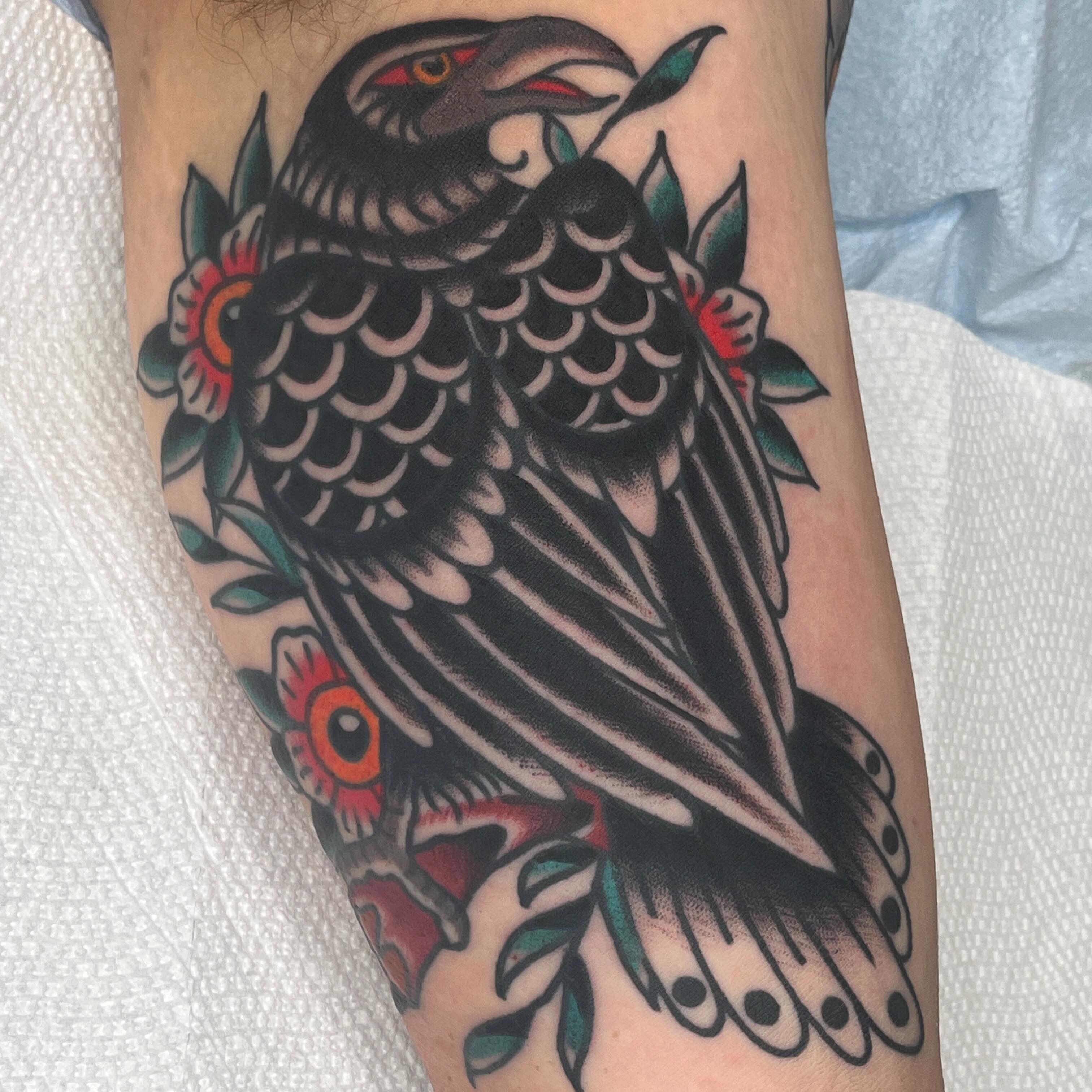 Crow American traditional tattoo on the forearm by Alex Ratliff