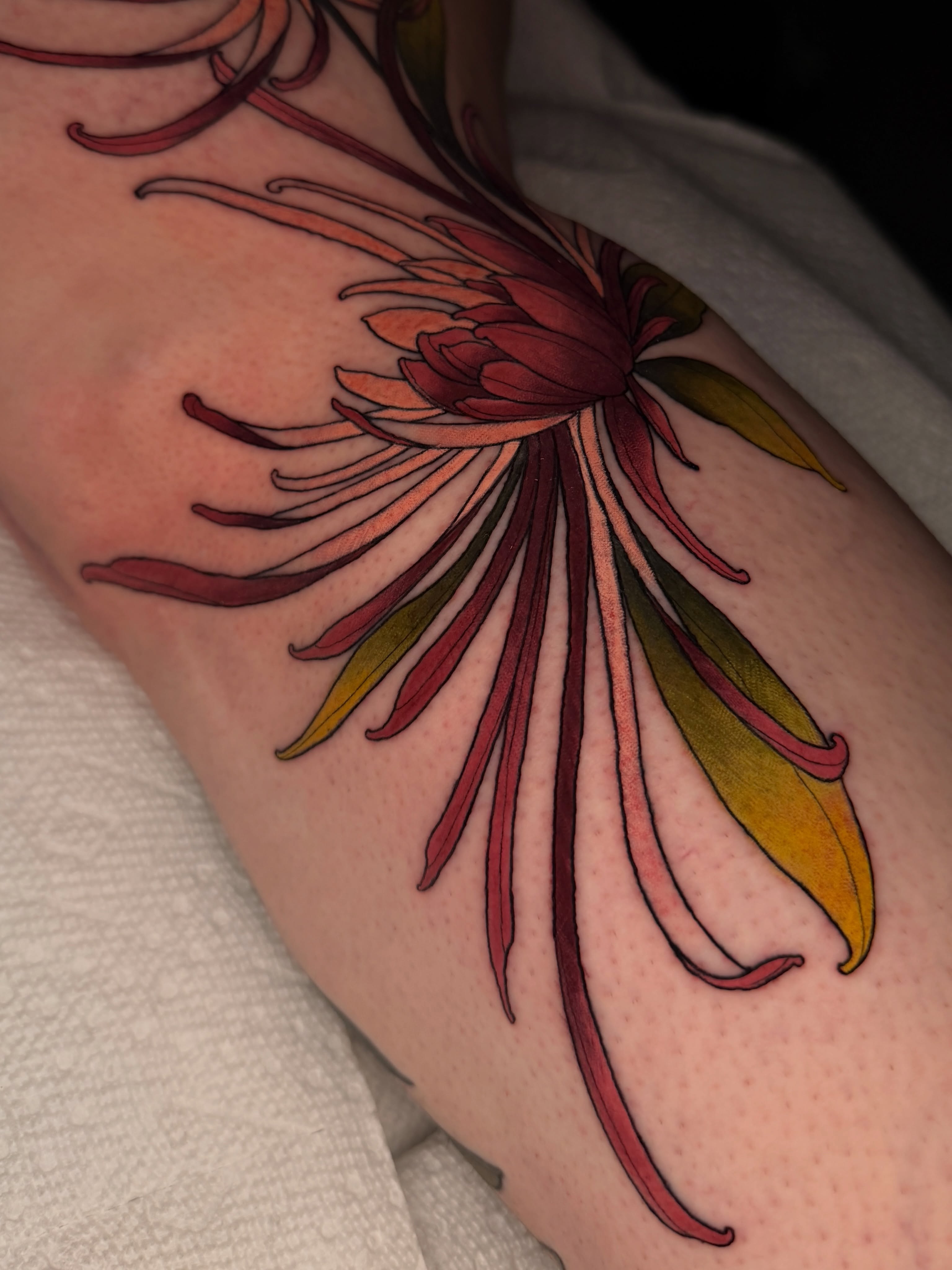 Chrysanthemum new school tattoo on the forearm by Rebecca Joy ❋ Tattoo Artist