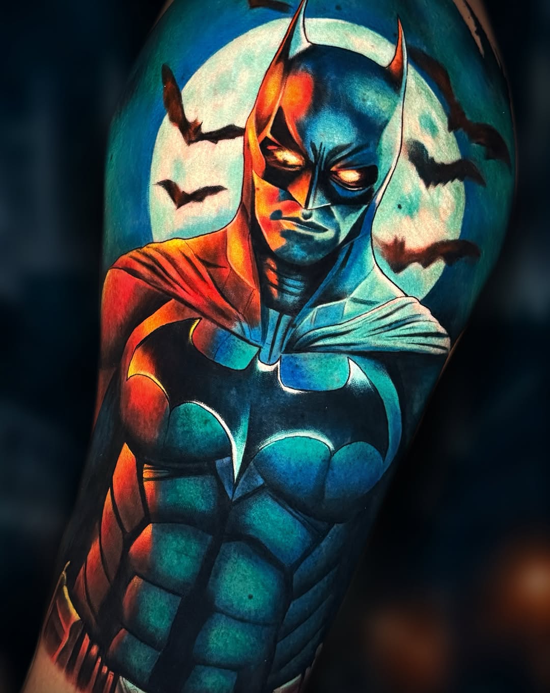 Batman portrait new school tattoo on the forearm by Kaly, Manhattan, NYC
