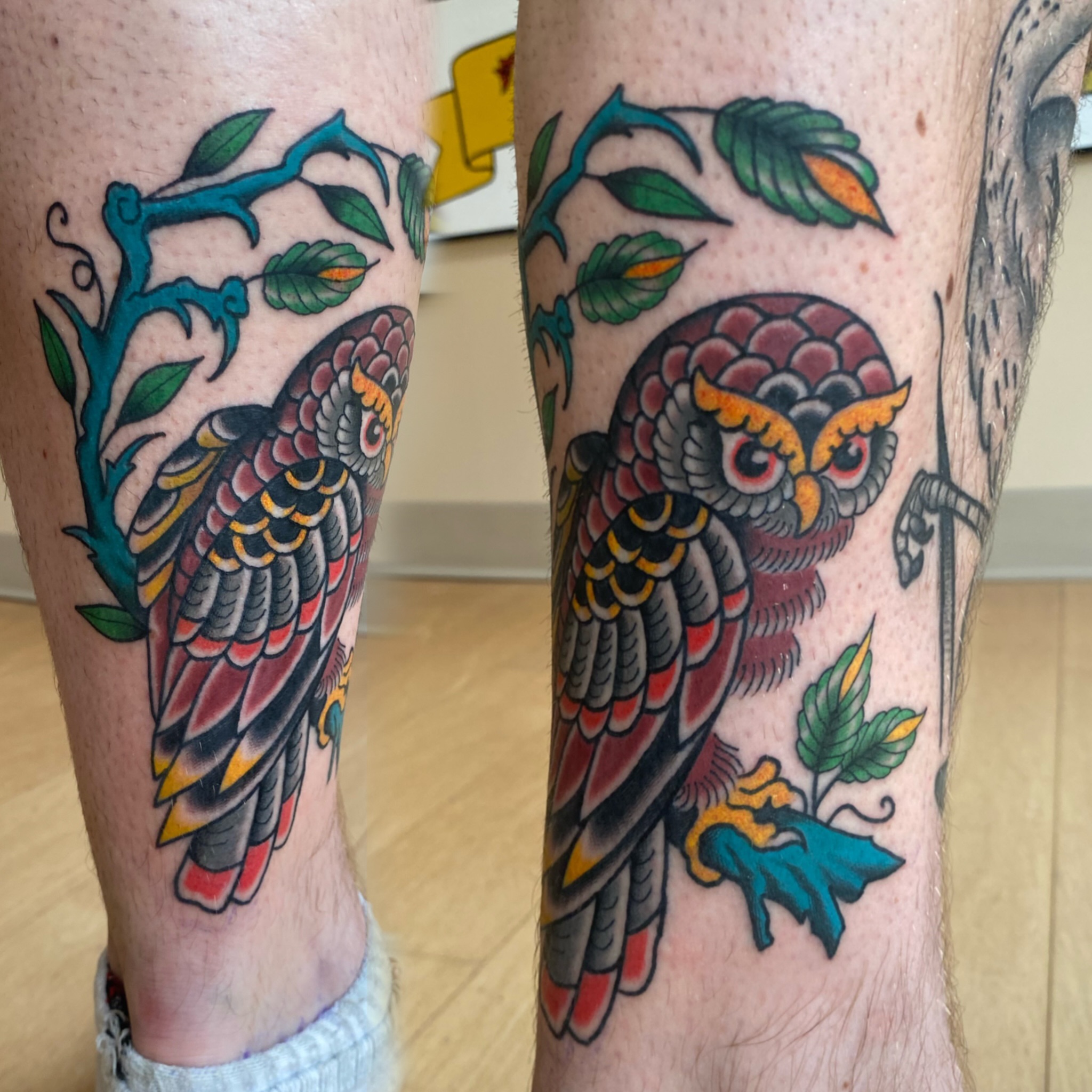 Owl American traditional tattoo on the forearm by @katie_tatts