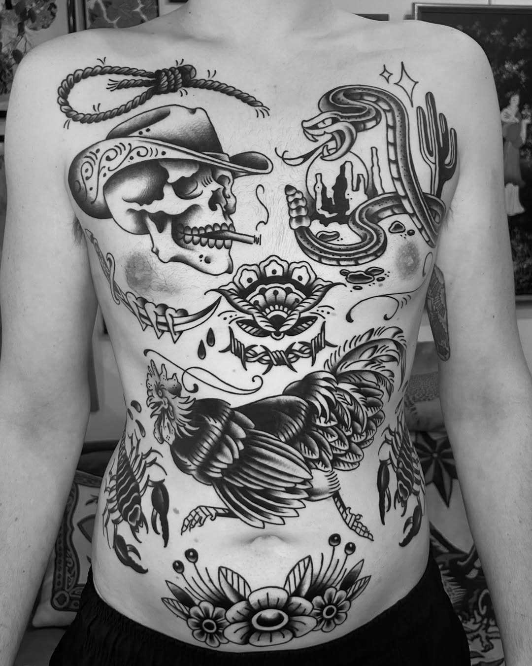 Collection of american traditional motifs ignorant tattoo on the torso by Olivia Marie
