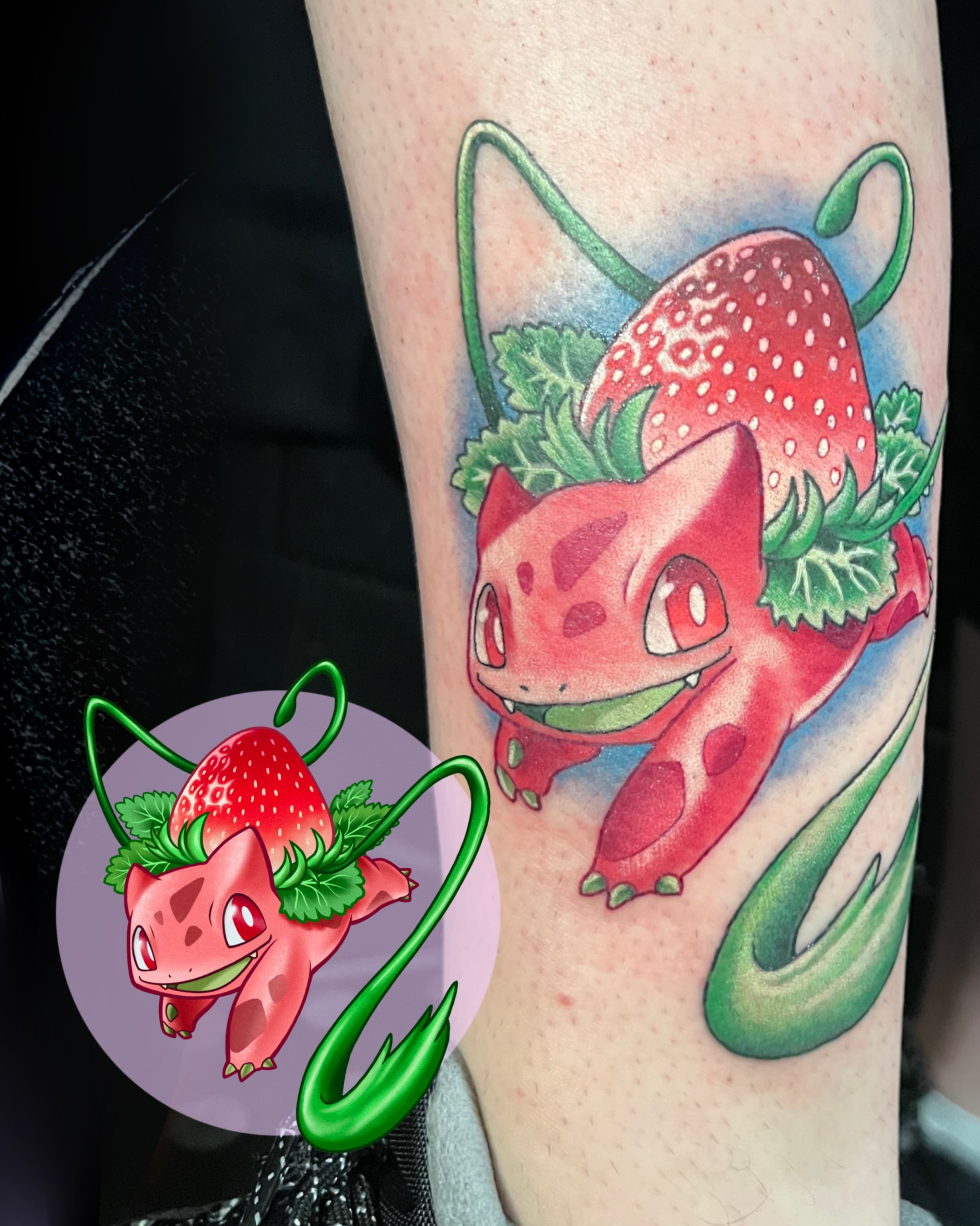 Strawberry-like creature dotwork tattoo on the forearm by Jade Lewis