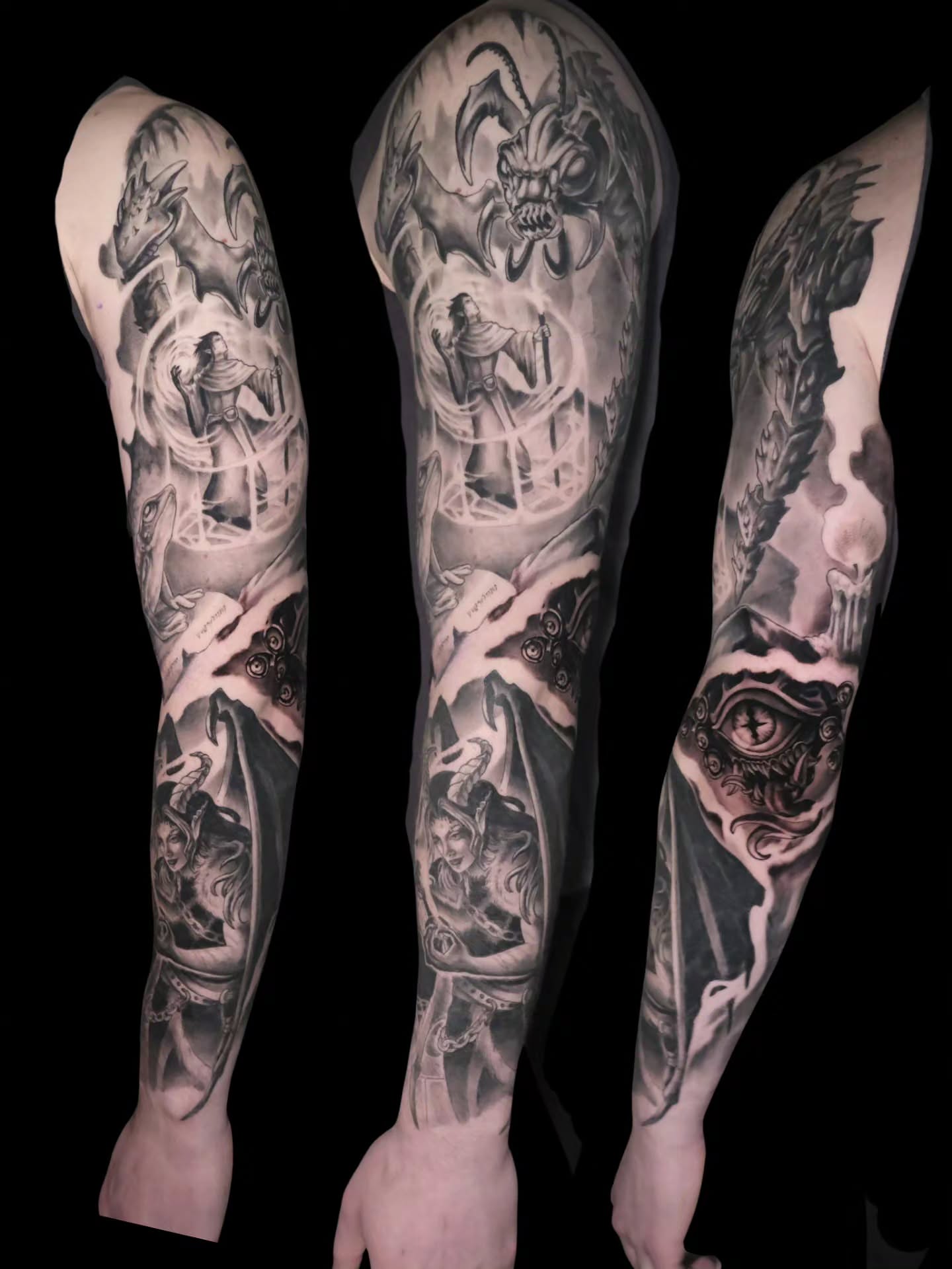 Demon and warrior dark realism tattoo on the forearm by Tash  - Seattle Tattoo Artist