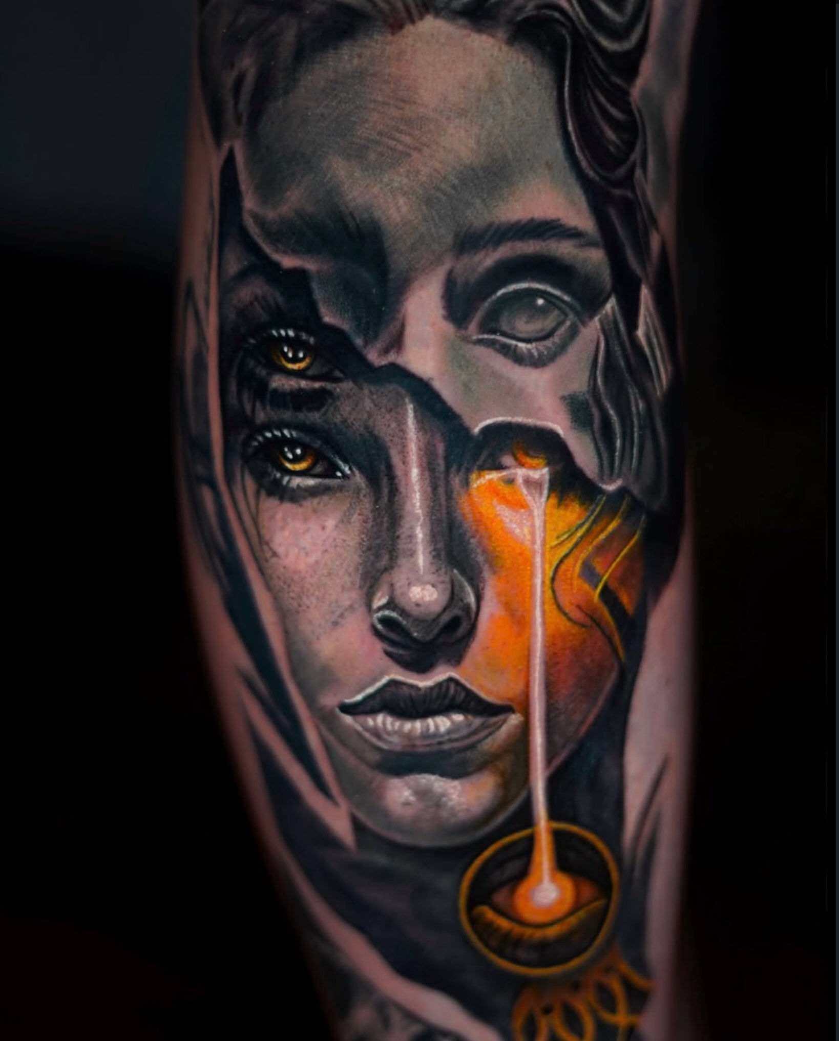 Woman's face realism tattoo on the forearm by @inkedbystabby, Manchester, New Hampshire