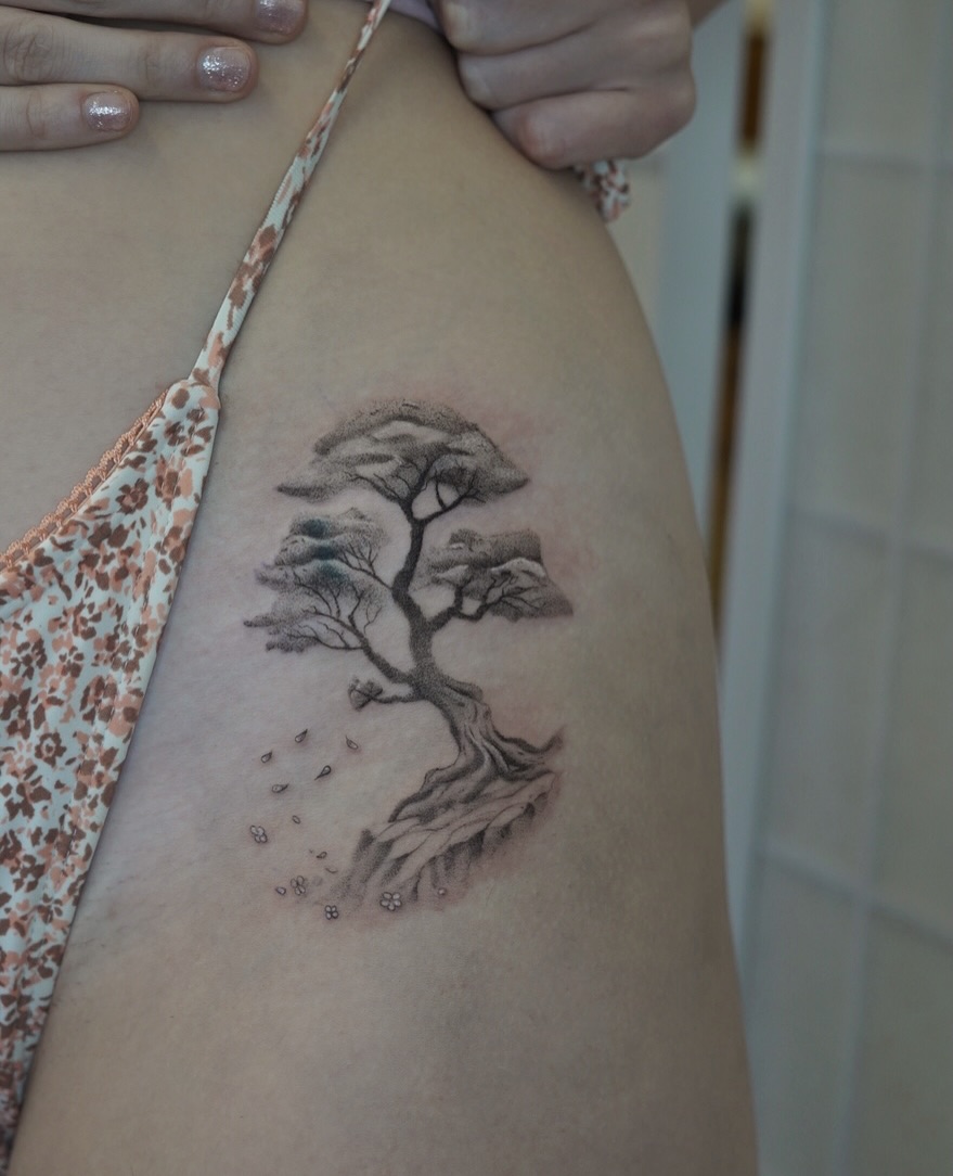 Tree dotwork tattoo on the thigh by Josh Infante