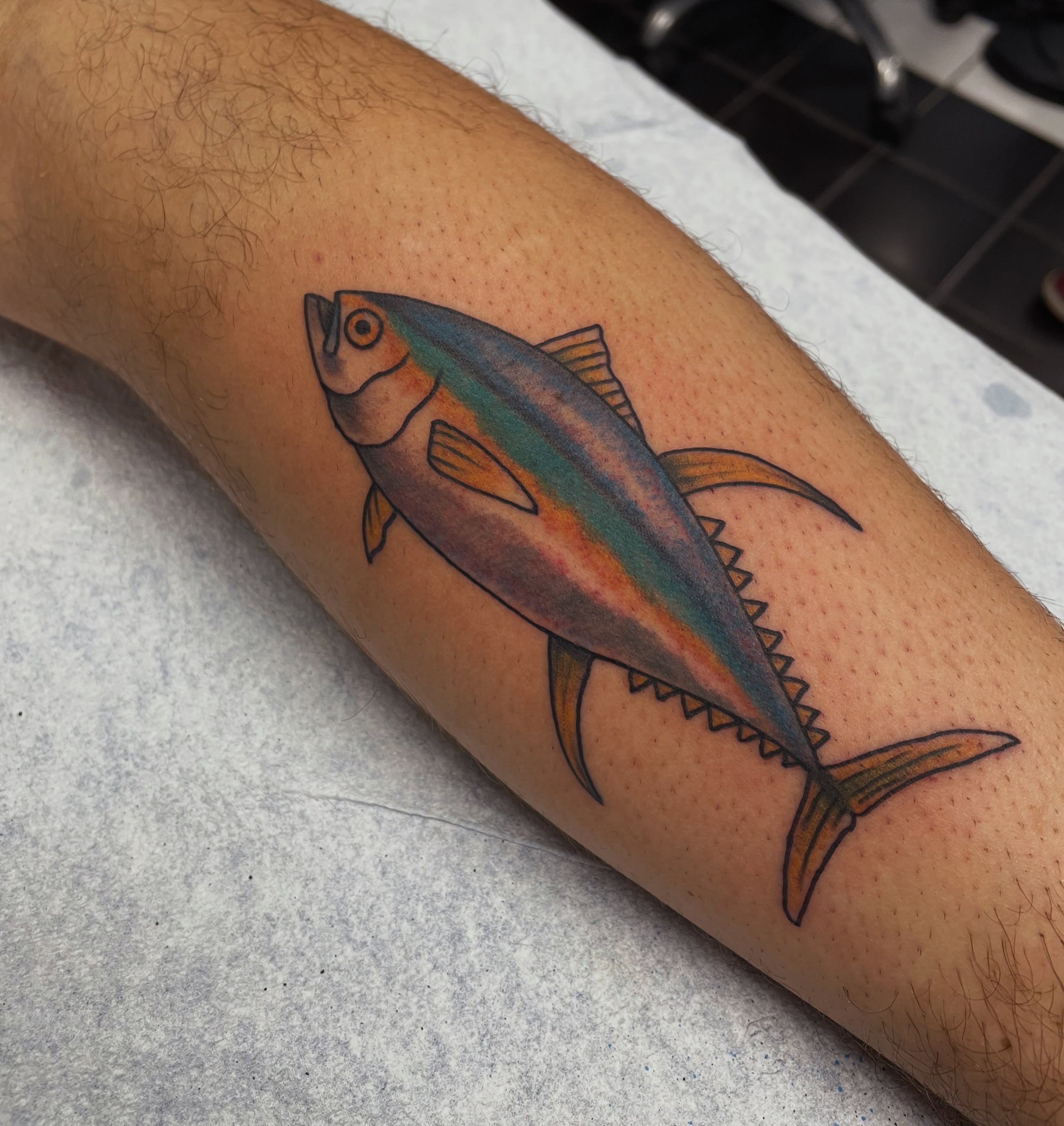 Tuna fish realism tattoo on the forearm by Andres Patino 🇪🇨🇺🇸