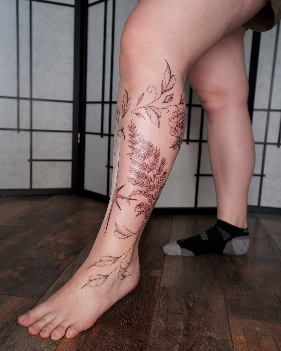 Floral design black and grey tattoo on the calf by Pandora ✨ Floral, Los Angeles, California