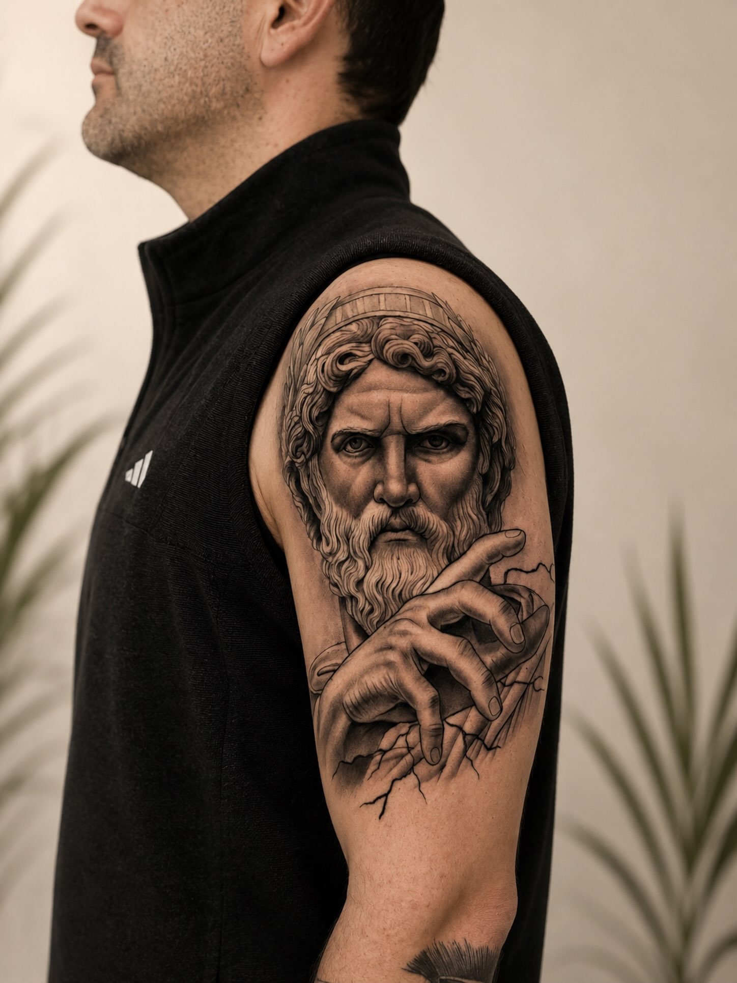 God-like figure realism tattoo on the upper arm by Tiago Britto