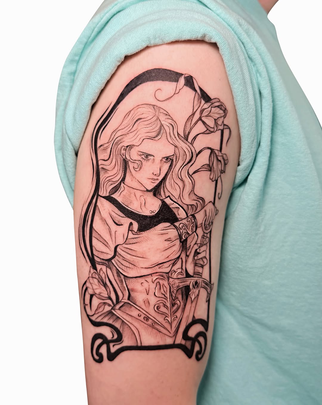 Woman with sword realism tattoo on the forearm by Fionna, Seattle, Washington