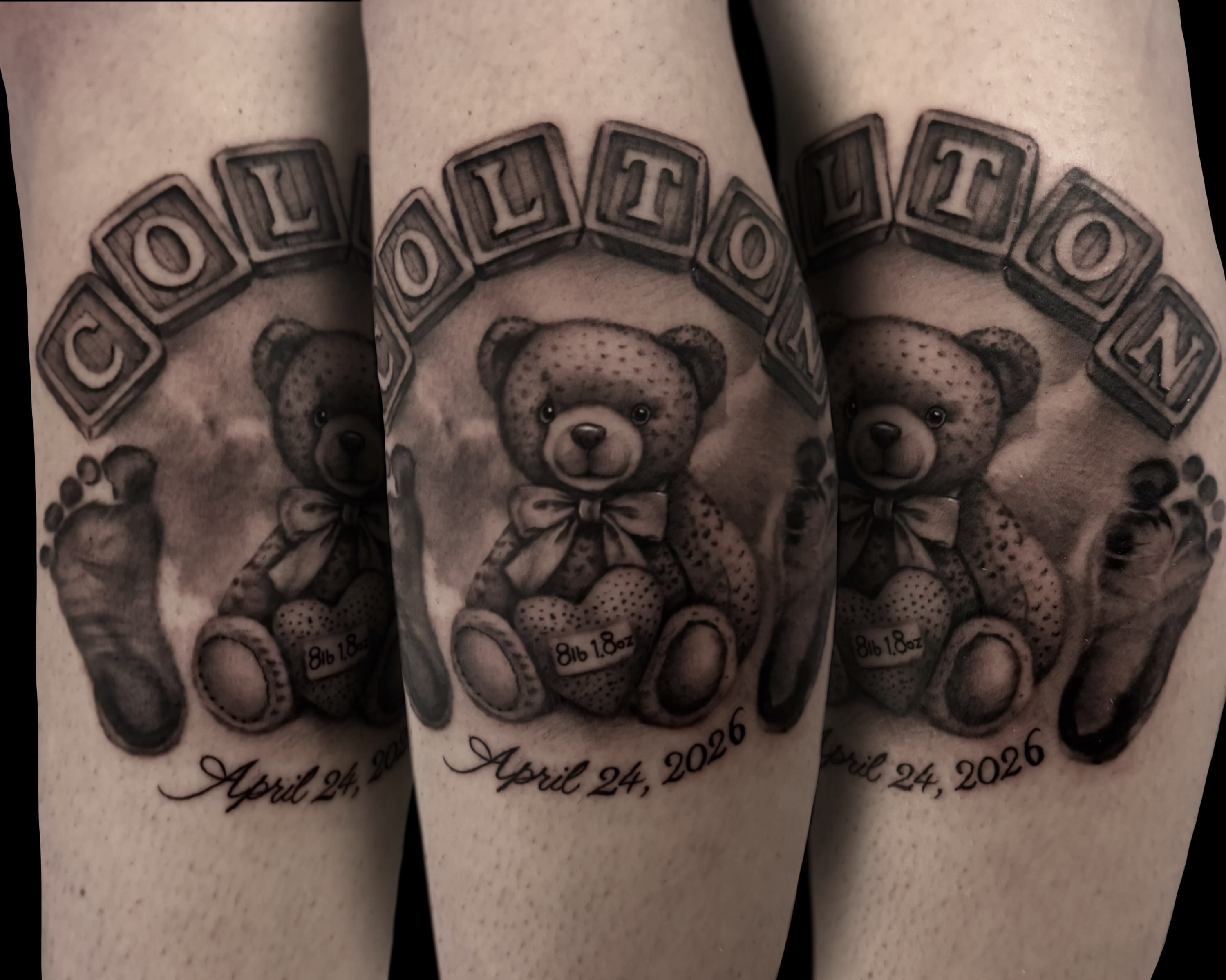 Teddy bear and baby feet black and grey tattoo on the forearm by Jen Bean, Richmond, Virginia
