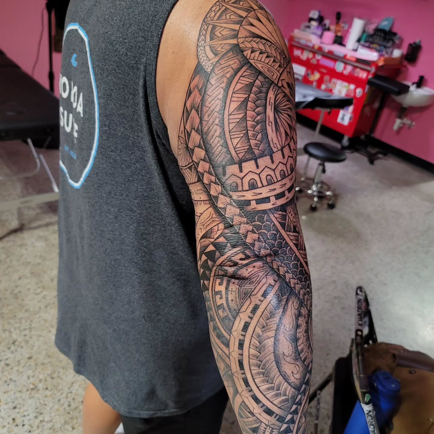 Tribal sleeve tribal tattoo on the upper arm by Mary Lefeau