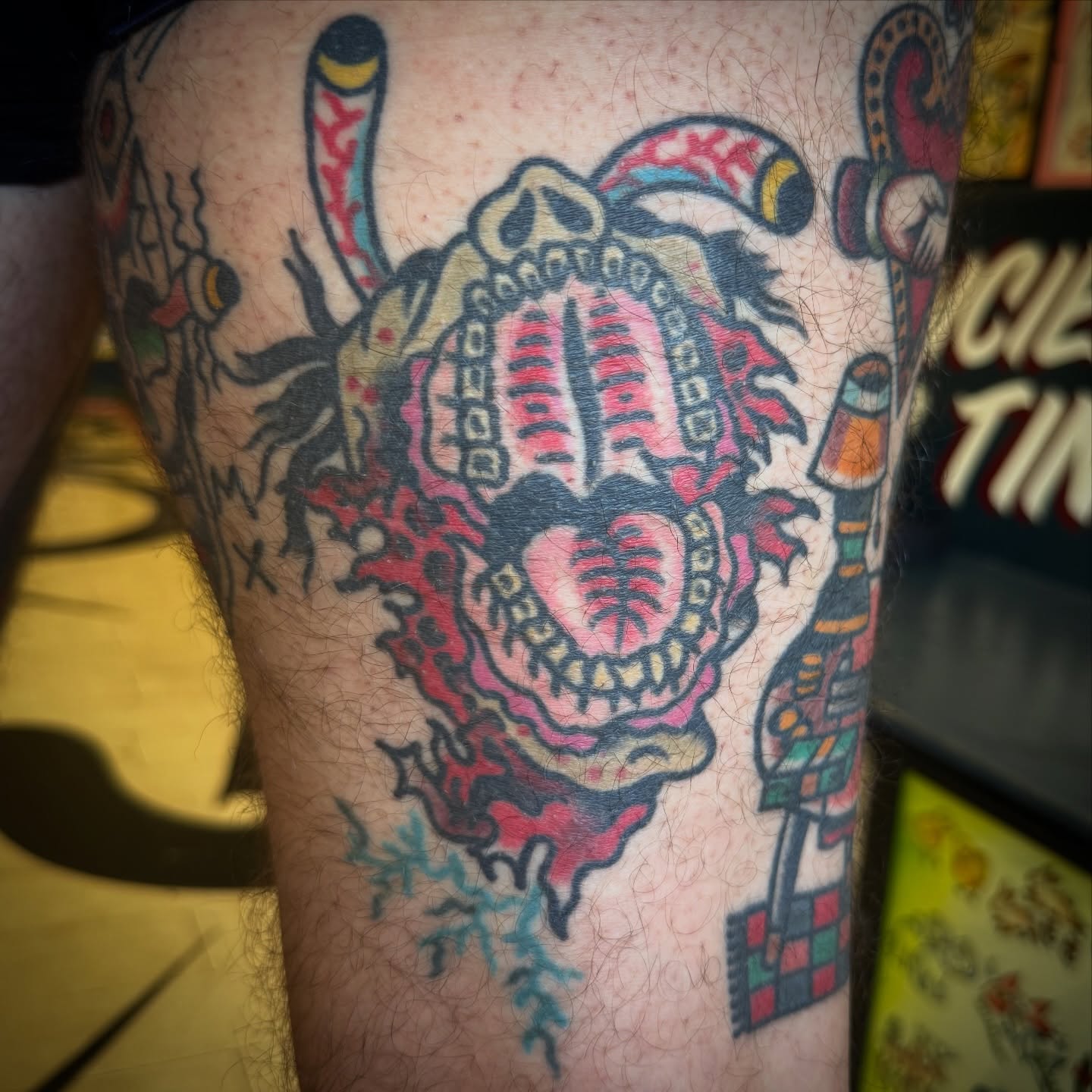 Skull and heart American traditional tattoo on the forearm by Chuck Paprocki, Nashville, Tennessee