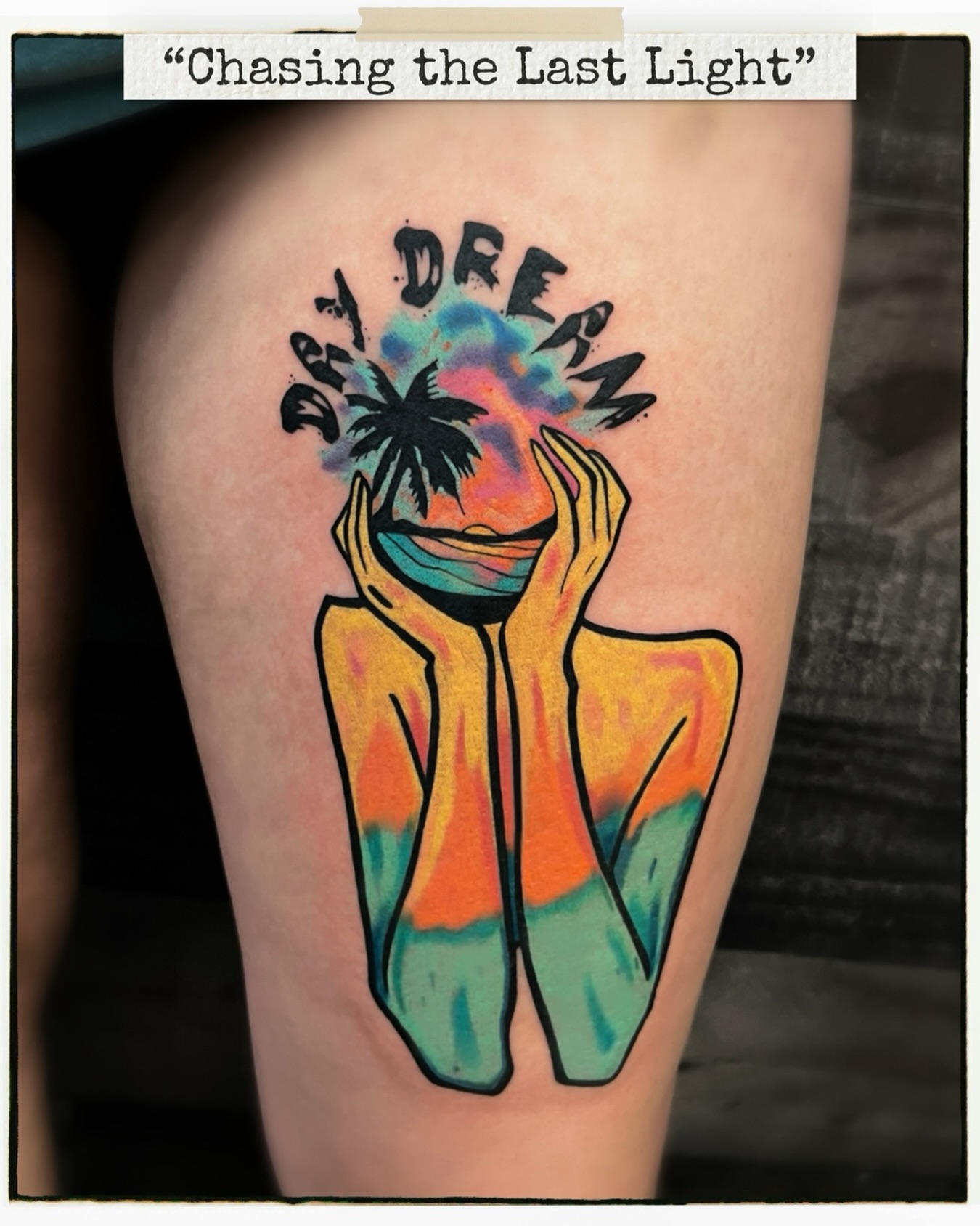 Chasing the last light new school tattoo on the thigh by Hugh Anthony Washington, Hattiesburg, Mississippi