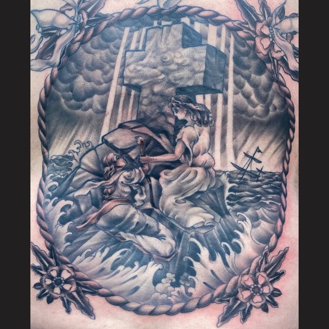 Mermaid and ship American traditional tattoo on the thigh by Bryan Hunt