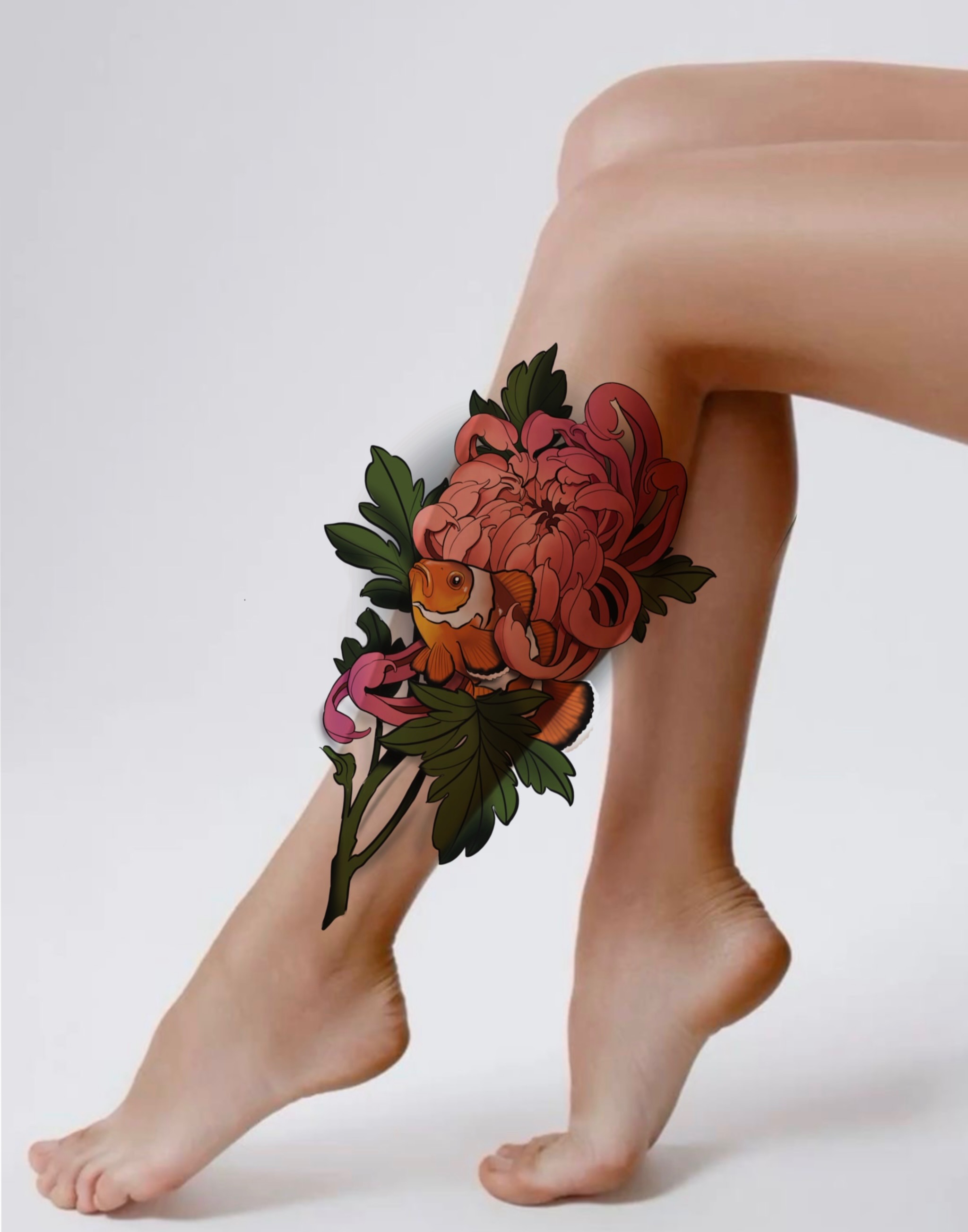Peony and clownfish new school tattoo on the calf by Lorenzo Lopez