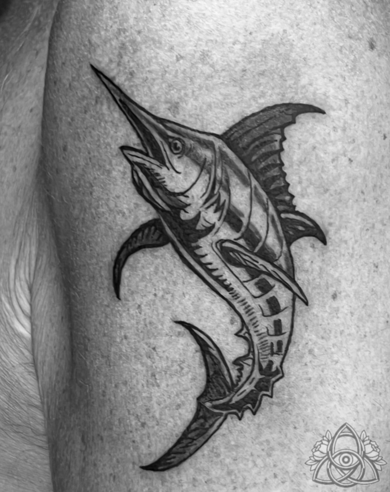 Marlin black and grey tattoo on the forearm by Michael - Tattoo Garden Everett, Everett, Washington