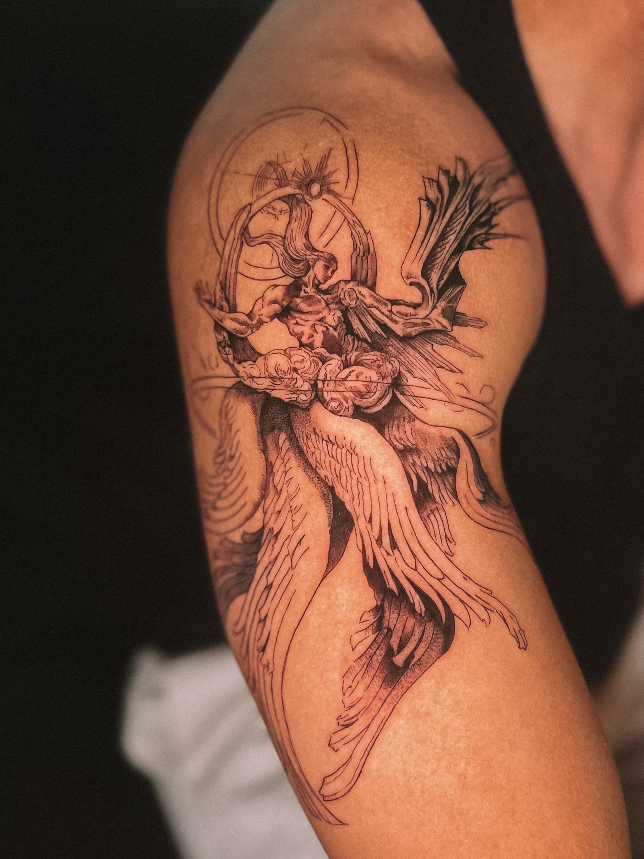 Phoenix black and grey tattoo on the shoulder by sebs phạm, Los Angeles, California