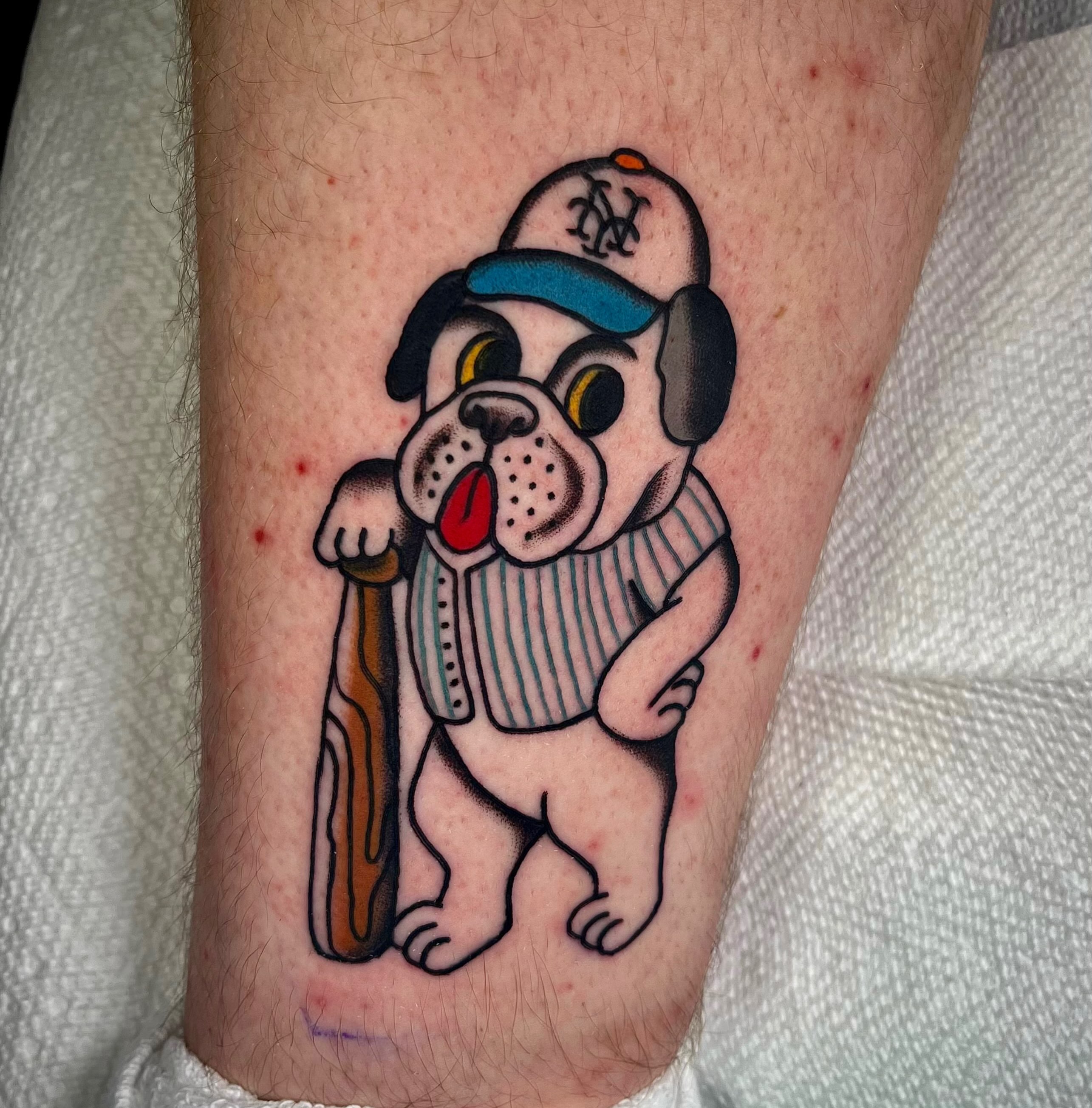 Bulldog baseball player American traditional tattoo on the forearm by Elizabeth Summers ❨・¨⬮ Traditional Tattoo