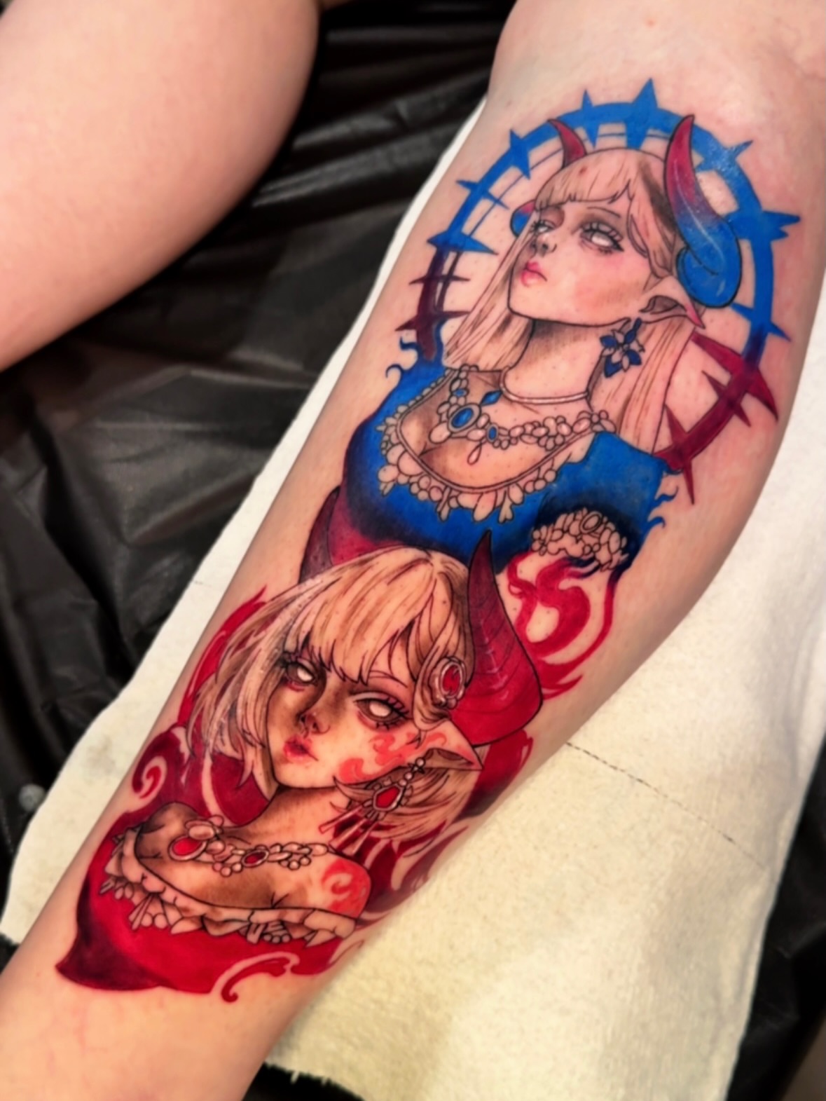 Anime characters anime tattoo on the forearm by Ericka Hampton, Ferndale, Michigan